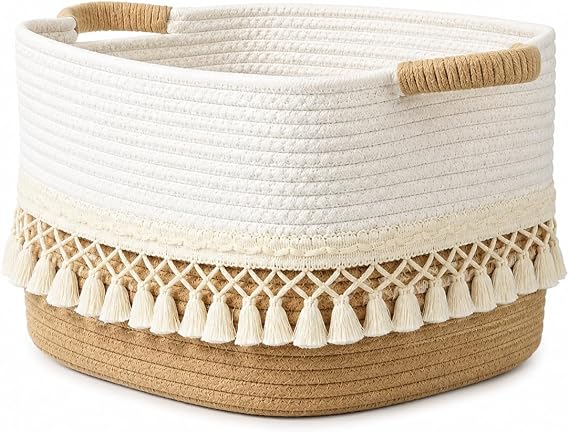 NIDORA Grand Panier Tressé en Corde de Coton Bohème avec Pompons