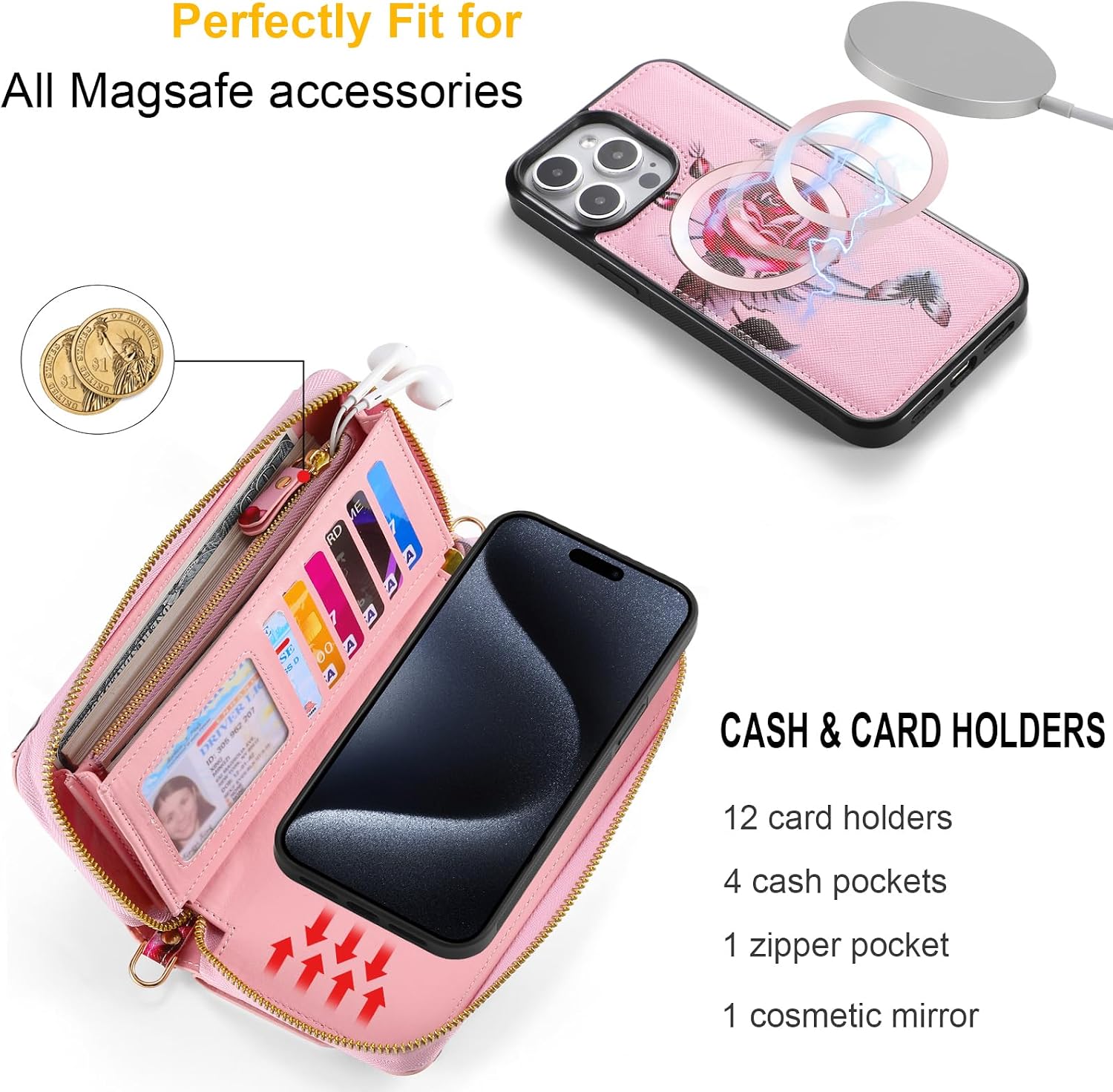 Crossbody Wallet Case for iPhone 15 Pro, Magnetic Detachable Floral PU Leather Phone Case with RFID Blocking Card Holder Wristlet Mirror Flip Zipper Shoulder Purse for Women 6.1" - Pink image 4