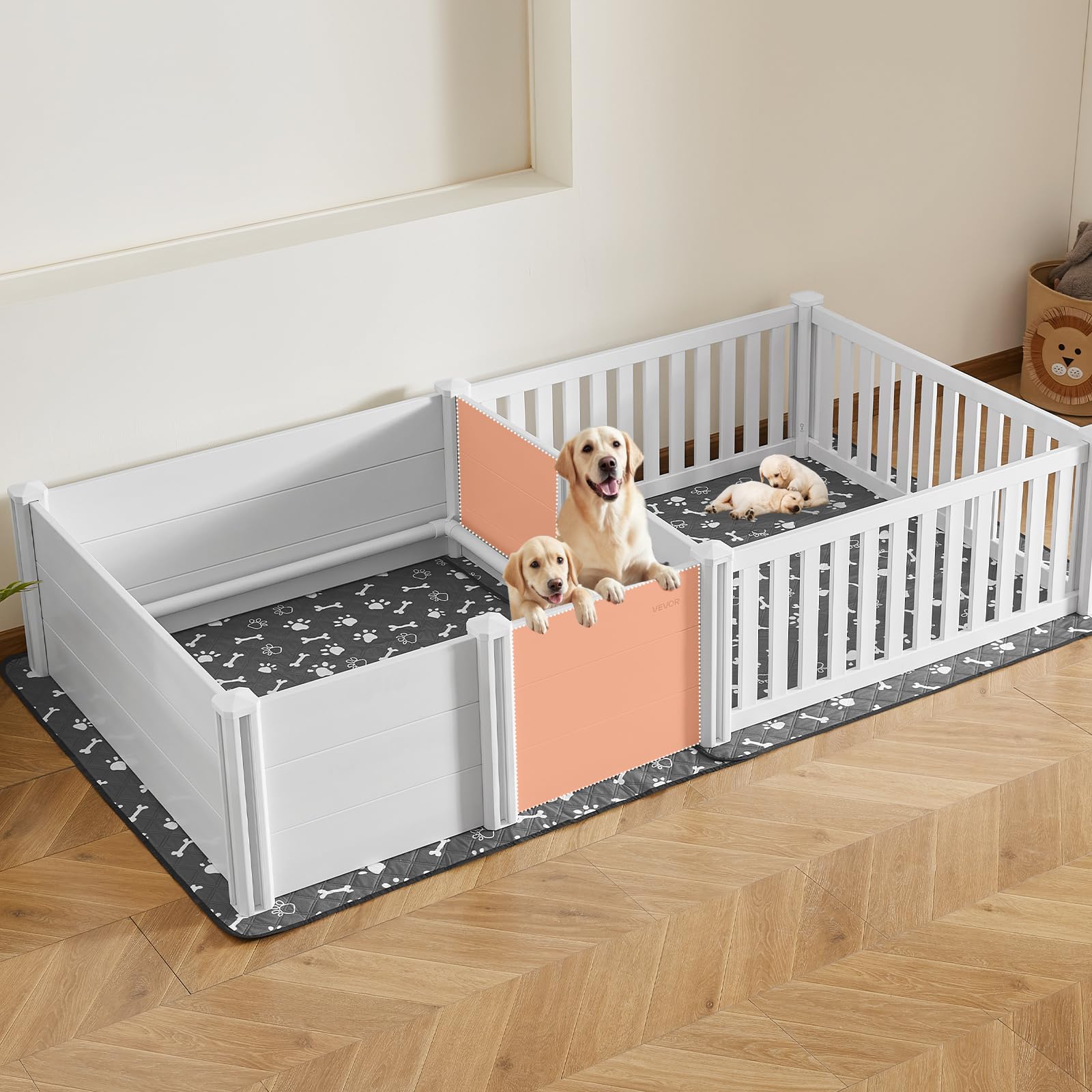 VEVOR Parc de Mise Bas pour Chien, 236x123x46 cm, Caisse de Mise Bas pour Chiots, avec Porte Hauteur Réglable, Tapis d'Urine Lavable, Boite de Naissance Plastique PVC pour Chiens de Très Grande Race