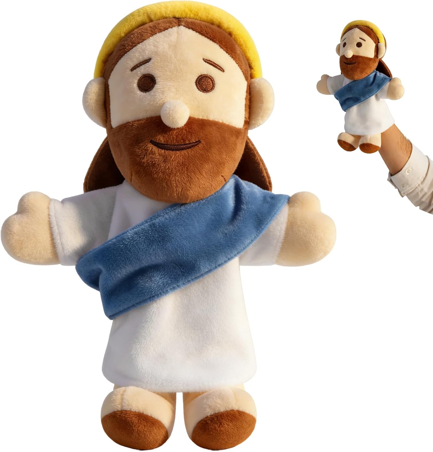 Jesus Hand Puppet Plush Jesus Doll 13" Blue Religious Bible Character Puppet Interactive Toy Fit Adult Hand Christian Easter Gifts for Baby Toddler Sunday School Kids First Communion Baptism