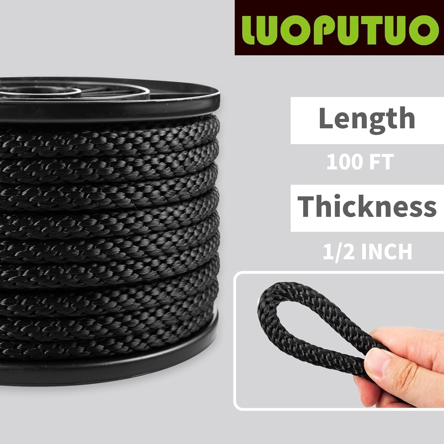 1/2 Inch 100FT Black Polyester Solid Braid Rope | High UV & Abrasion Resistance | Industrial Grade, Low Stretch | Multipurpose for Flag Poles, Clotheslines