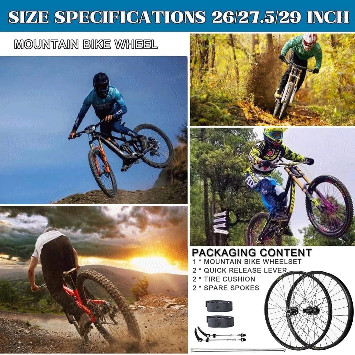 MTB Räder 26/27,5/29 Zoll | 35 mm Felge 32 Löcher | Scheibenbremsen | 135 mm Steckachsnabe | Kompatibel mit 7–12-fachen Kassettenschaltungen | Für Dirt Jump, Cross Country & All Mountain QR,26in