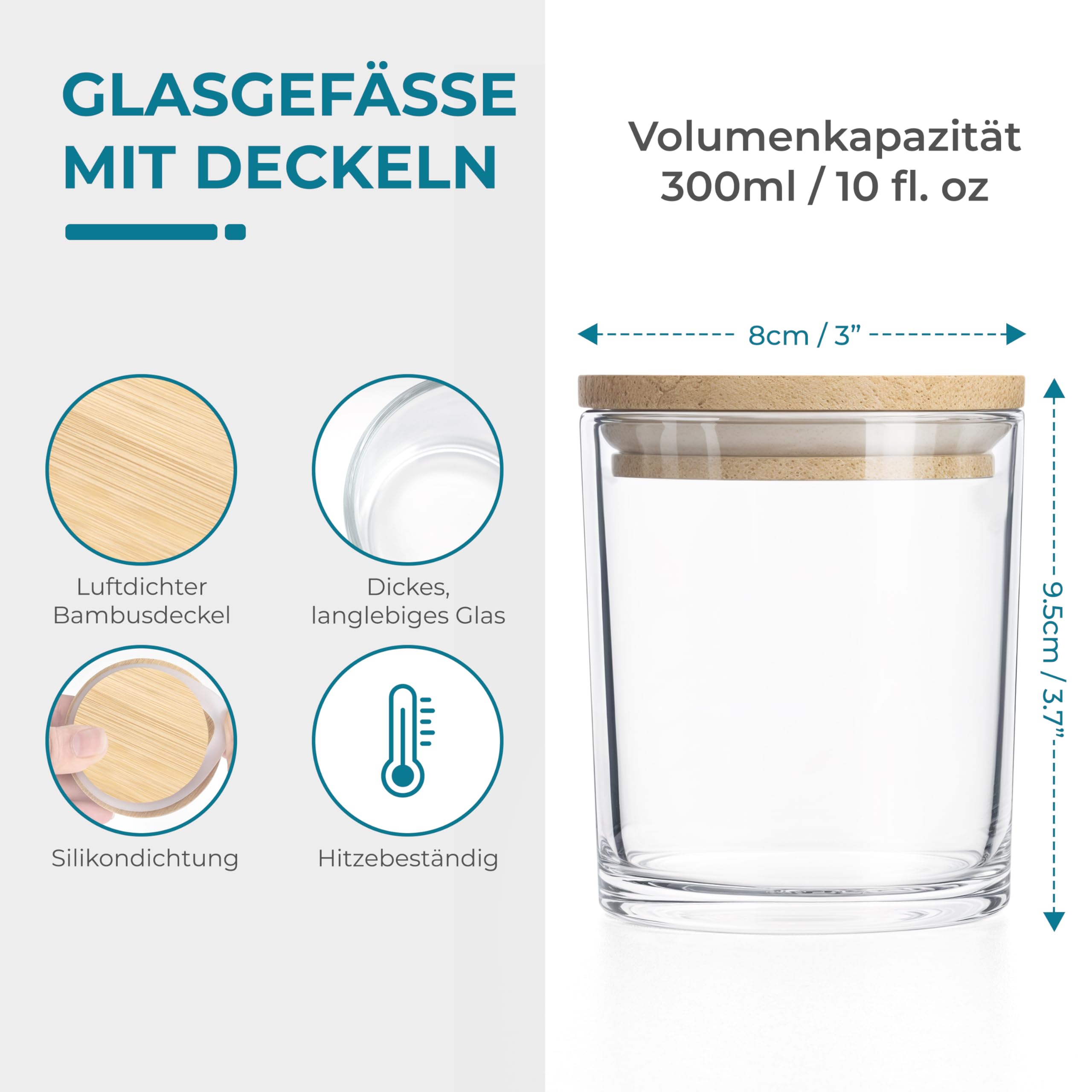 Winter Shore 300 ml Glaszylinder für Kerzen (16er-Pack) - Kerzen Glas Leer zum Gießen, Hochwertige Leere Kerzengläser mit Deckel aus Bambus, Dochten & Etiketten - Candle Jars Leer zum Gießen