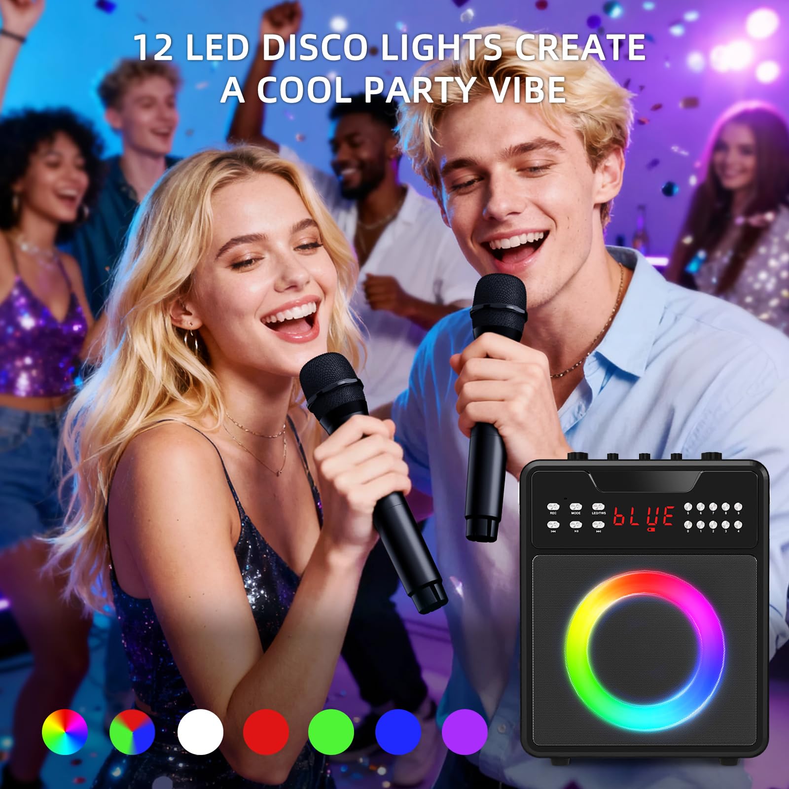 Máquina de karaoke para adultos y niños, máquina de karaoke portátil con 2 micrófonos inalámbricos, altavoz de karaoke con luces LED, soporta USB, entrada auxiliar, tarjeta TF para fiestas en casa y