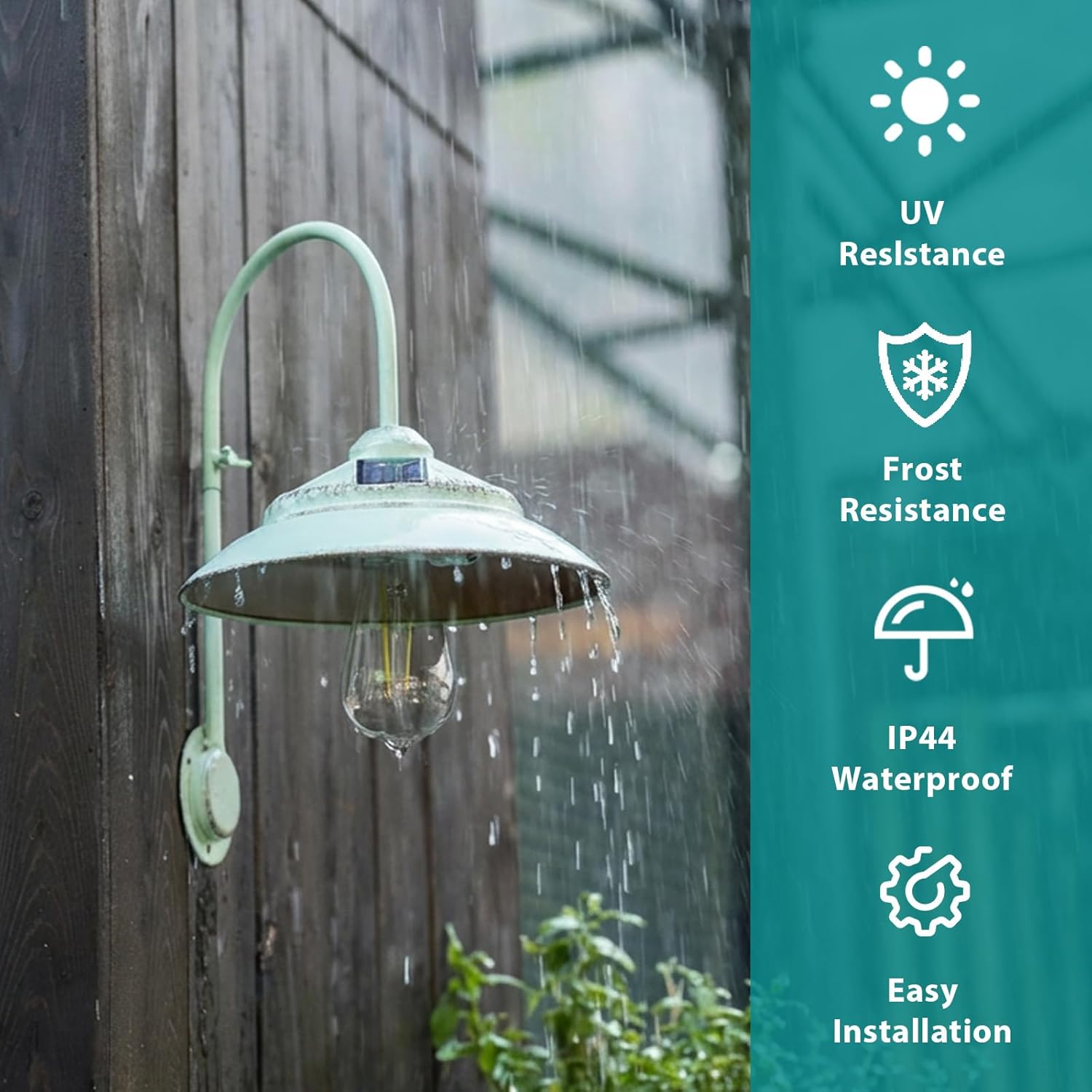 Solar Barn Lights with Motion Sensor - Metal Solar Porch Lights Outdoor with 4 High Efficiency Solar Panels - Rustic Wall Lights for Chicken Coop & Shed Farmhouse（Mint Green）