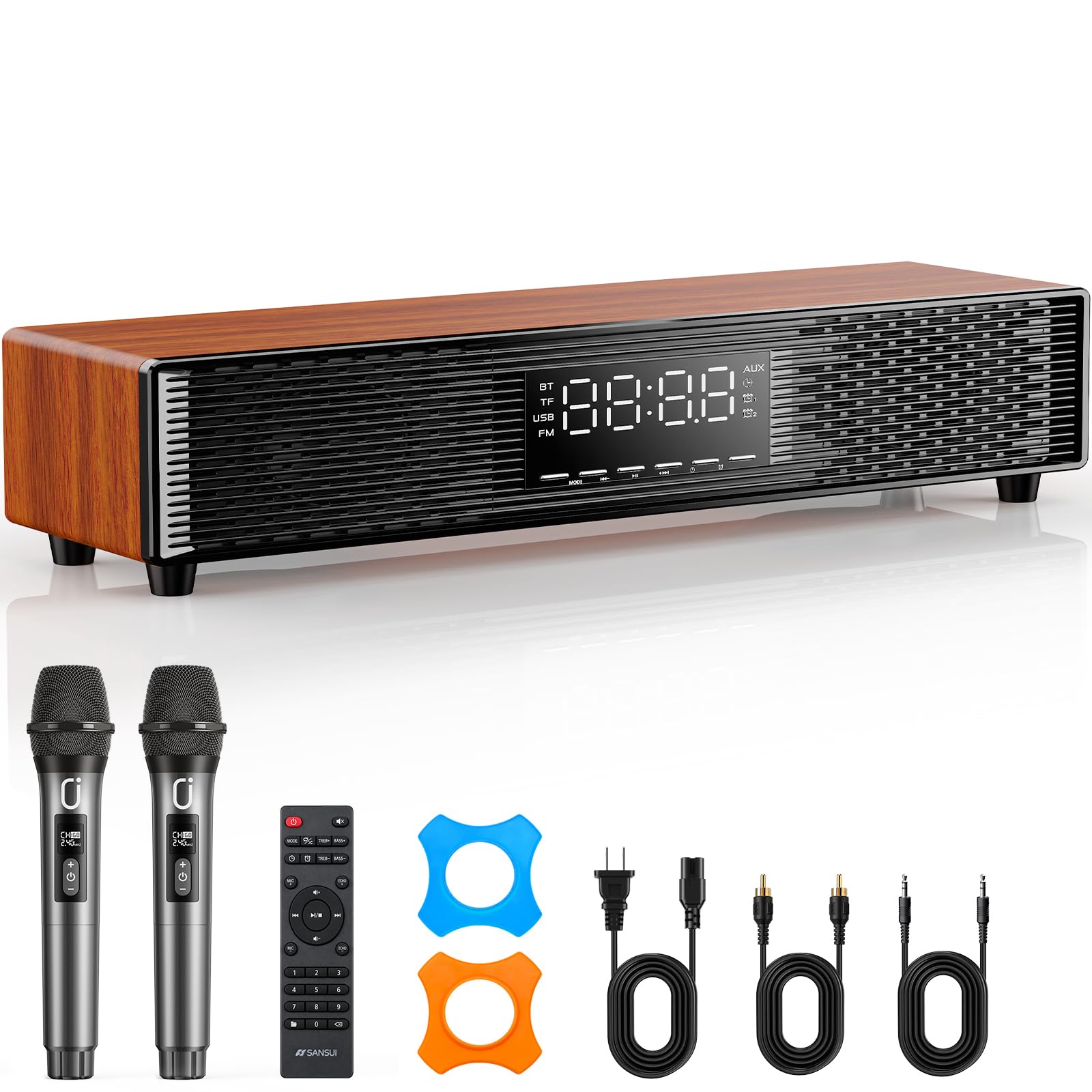 JYX Soundbar con due microfoni wireless, sistema audio home cinema con Bluetooth, display LED, sveglia, telecomando, effetto legno, per karaoke e TV