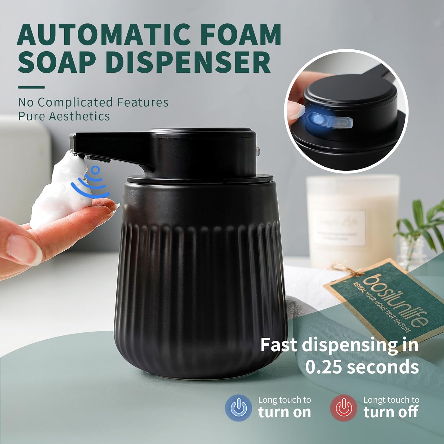 BosilunLife Ceramic Automatic Soap Dispenser with Extended Pump Nozzle, 3 Adjustable Levels, Touchless Foam Hand Wash Foaming Dispenser for Bathroom & Kitchen, Striped Design, Black, 10oz