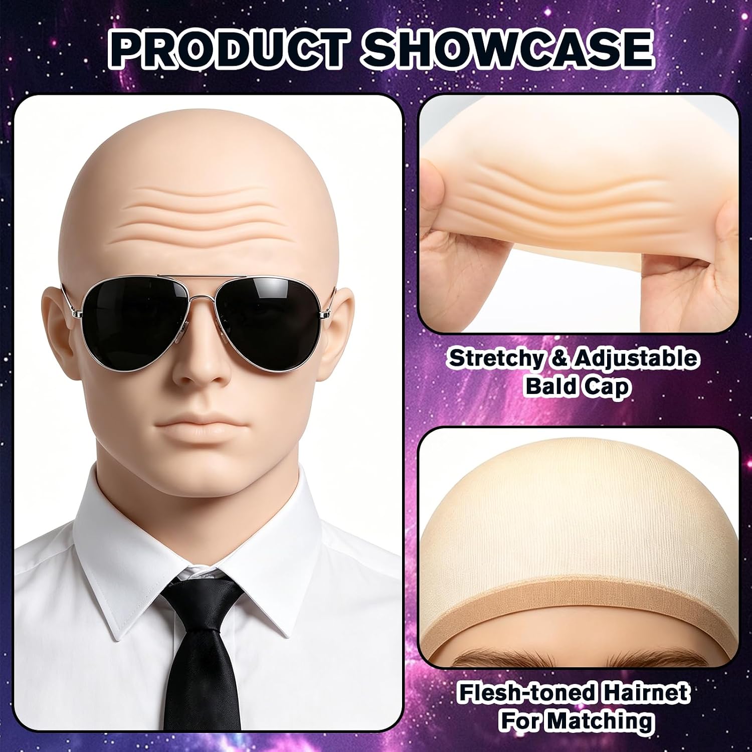 16 Pcs Halloween Bald Caps with Glasses Set Realistic Bald Head Wig Caps for Adults Men Women, Funny Cosplay Costume Accessory for Party, Trick or Treat, Stage Performance