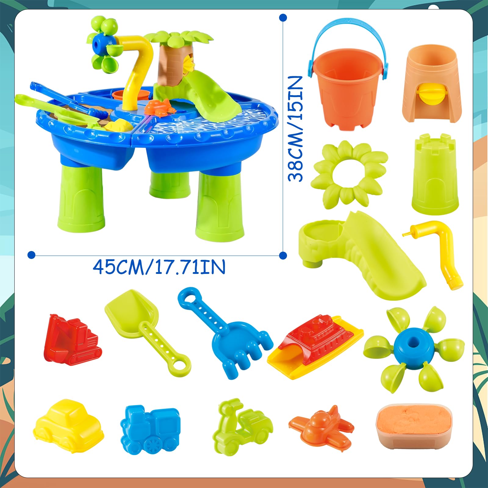 WASAiKA Kids Sand Water Table for Toddlers 1-3, 22PCS 3 in 1 Beach Summer Toys Sandbox Table for Outdoor Activity with Cute Water Wheel, Bucket, Shovel for Toddlers Boys Girls Outside Backyard Beach