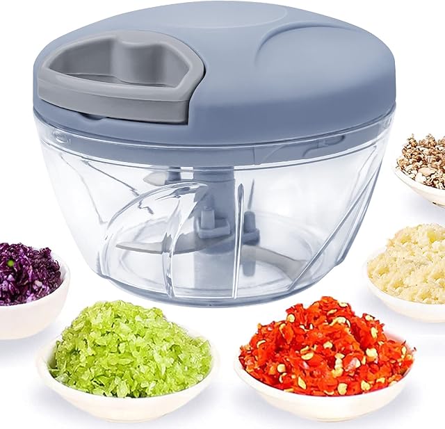 Hand Chopper Manual Food Processor, Pull String to Slice Vegetables,Onions, Tomato, Meat in Seconds,Curved Stainless Steel Removable Blades Non-Slip Base Food Chopper(520ml)