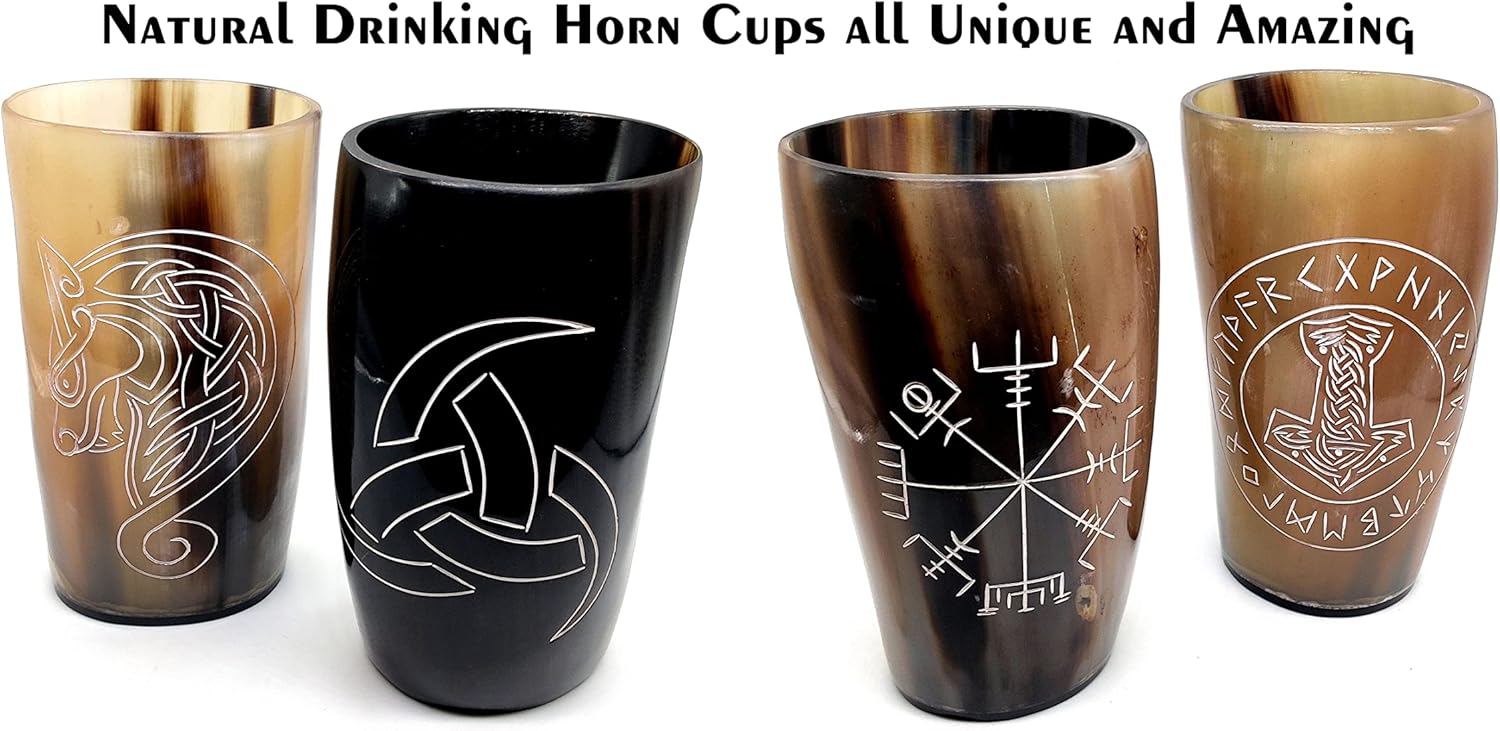 Viking Drinking Horn Tumblers Set of 4 Handmade Cups for Wine Beer Ale - Safe and Unique Drink Cup. Norse Drinking Beer Mug with 8-10oz Capacity Best Choice of Theme Party Real Ox Horn - Image 2