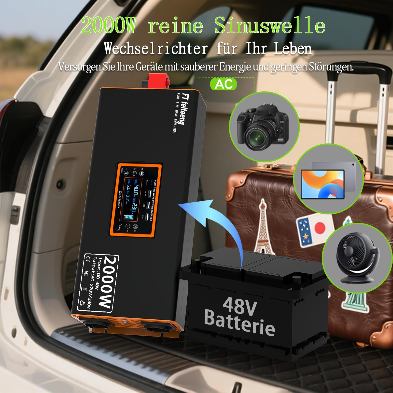 48V 2000W Wechselrichter 48V auf 230V Reine Sinuswelle -Spannungswandler mit LCD Display 2 EU-Steckdosen und 4 USB Typ-C Port、Konverter Fernbedienung für Wohnmobil AutoCamping