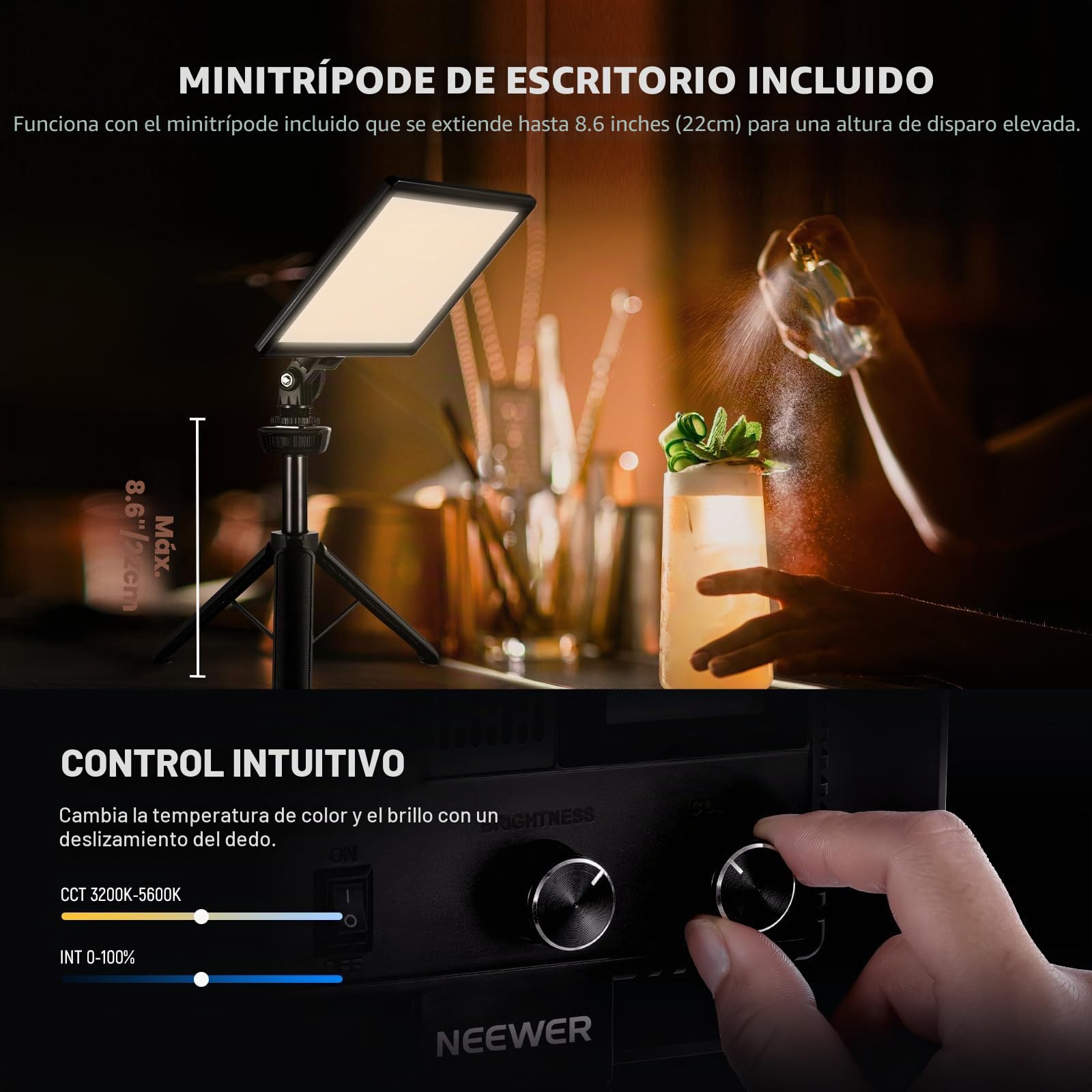 NEEWER Panel de luz LED de Video de 9 Pulgadas, cámara DSLR Regulable con Mini trípode, batería de 4000 mAh, Puertos USB Tipo C, 3200 K ~ 5600 K CRI95+ 600 Lux para fotografía, grabación de Video,