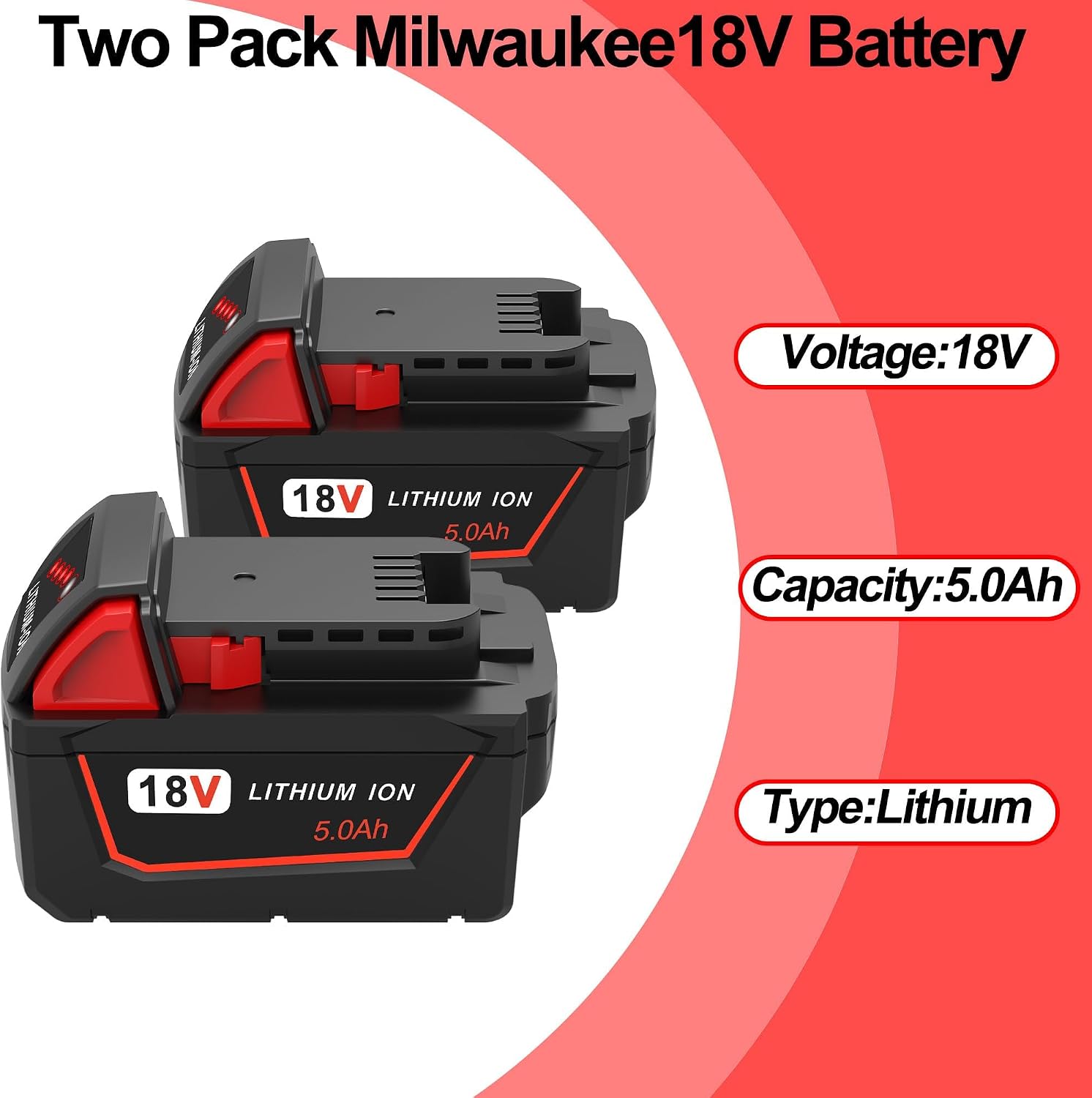 2-Pack 5.0Ah Lithium-Ion Battery Replacement for Milwaukee M18 Battery 48-11-1850 48-11-1860 48-11-1862 48-11-1865 48-11-1830, Compatible with Milwaukee All 18V Cordless Power Tools