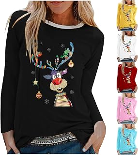 Women Christmas Sweatshirt Clearance Long Sleeve Crew Neck Elk T-Shirt Snowflake Christmas Print Pullover Christmas Tops Ladies Christmas Costume Xmas Plus Size Loose Fit Jumpers UK Size