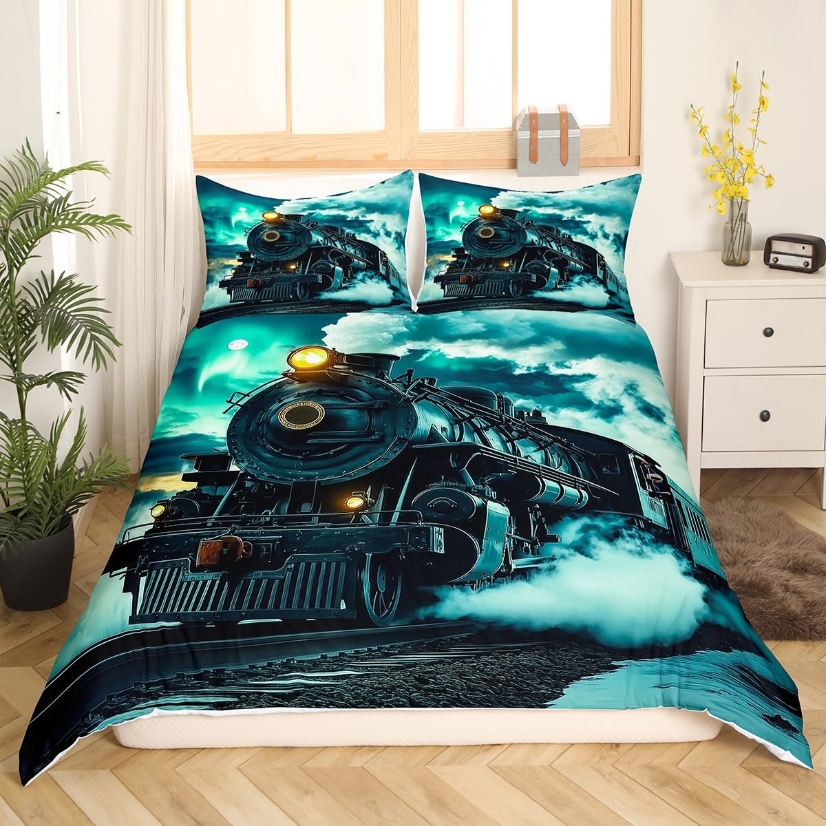 Homewish Retro silnik parowy super king poszewka na kołdrę pociąg tor kolejowy poszewka na kołdrę, vintage samochód dla dzieci chłopców zestaw pościeli pojazdy księżyc turkus narzuta na łóżko