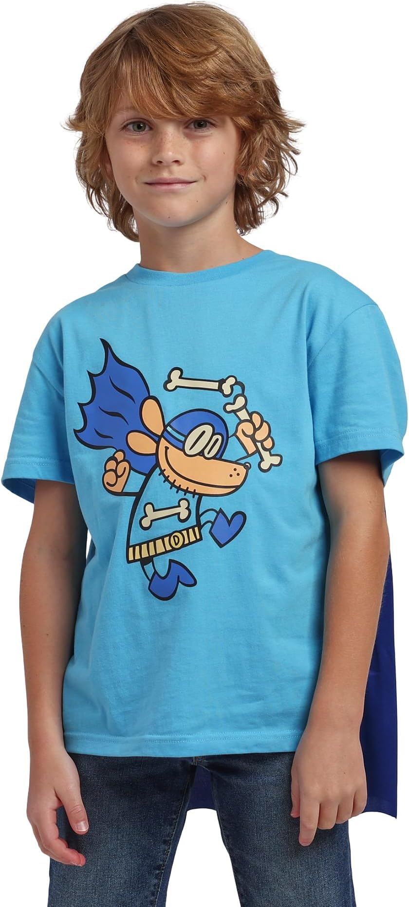 Dog Man Superhero Costume Boy's Blue Crew Neck Short Sleeve T-Shirt with Detachable Cape