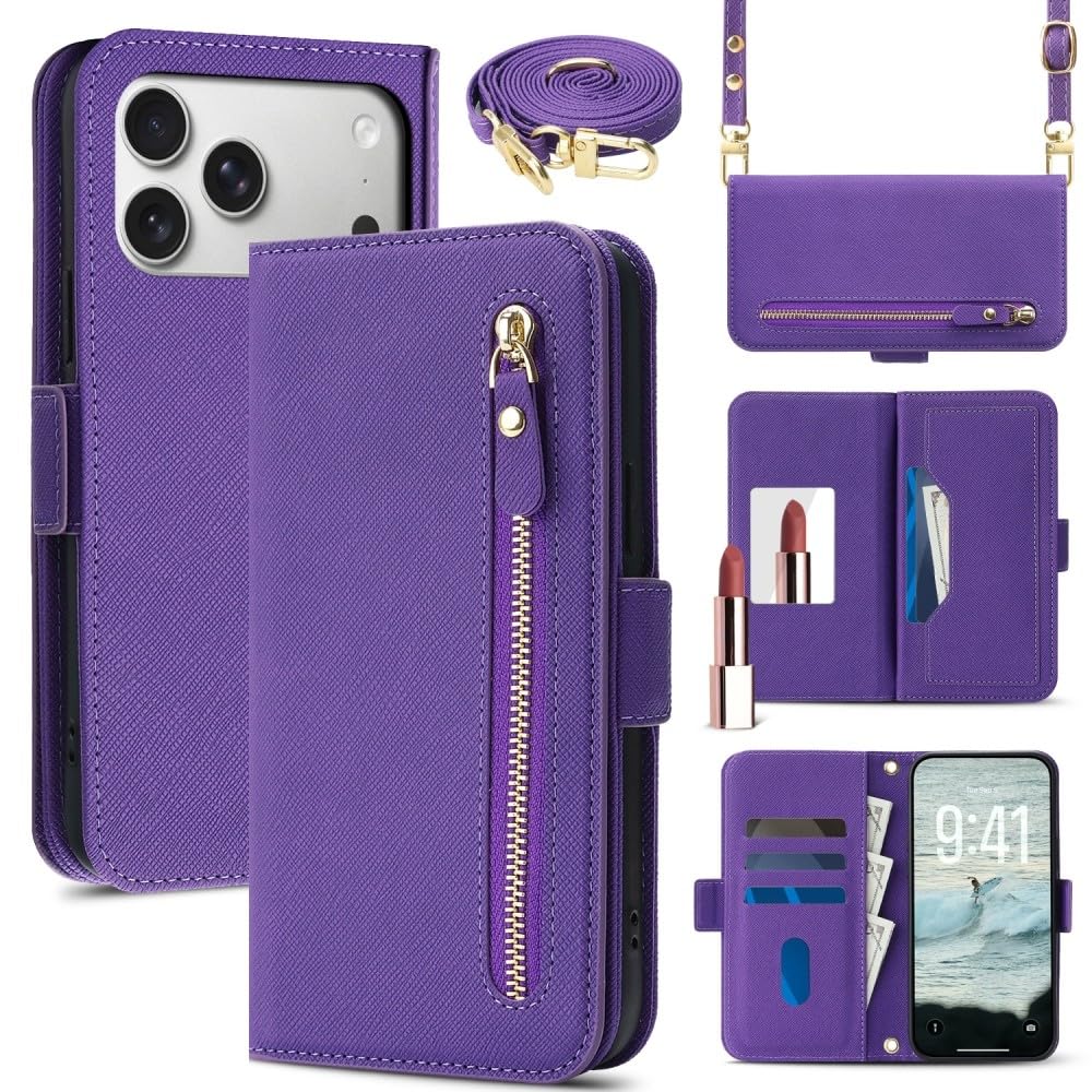 Generic - Funda con tapa para iPhone 12, color púrpura, con cremallera y correa para el hombro