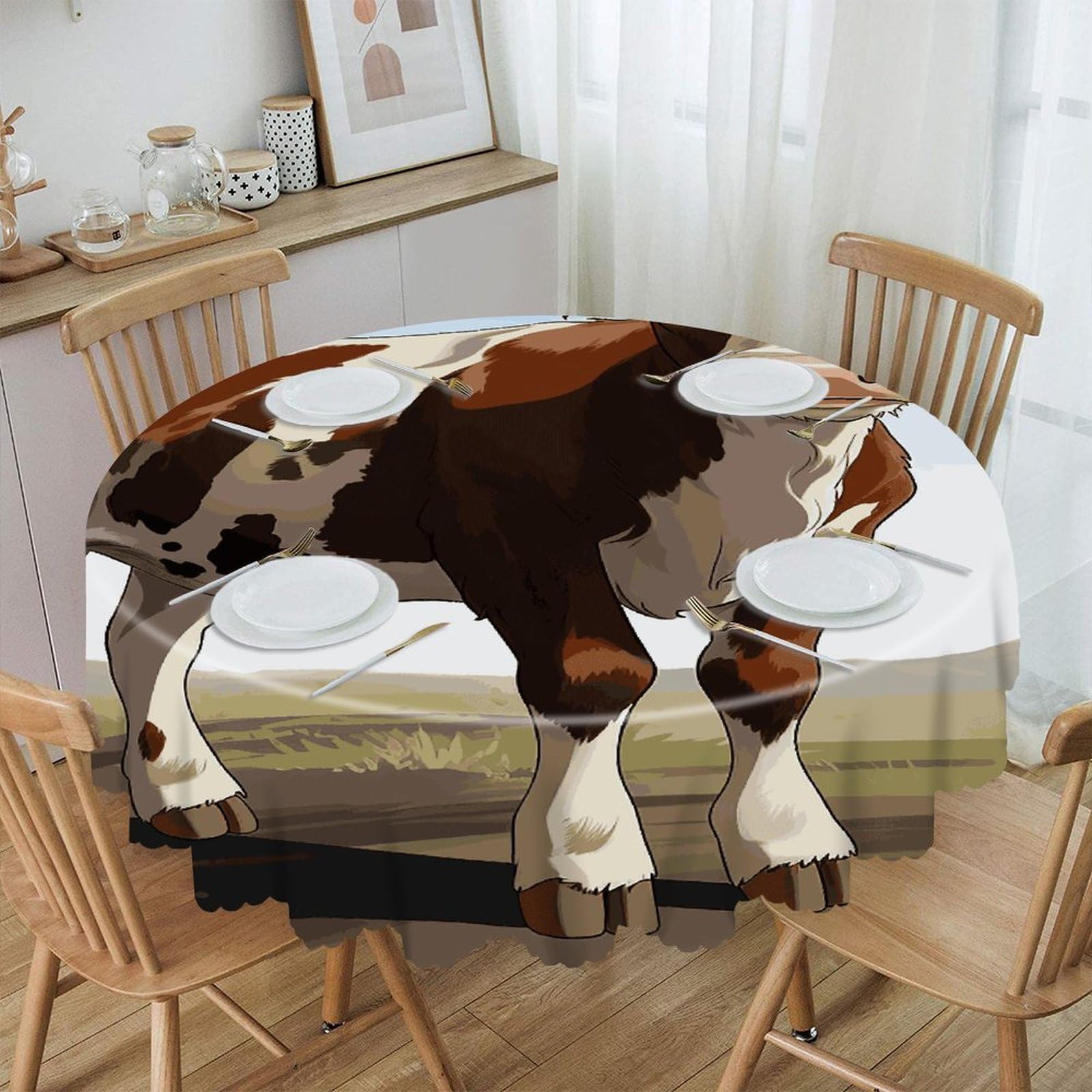 VstaDank Animal Cow Round Tablecloth 60 Inch Easy to Clean Circle Table Cover Thick Decorative Round Polyester Table Cloth for Dining Kitchen Party Farmhouse Outdoor