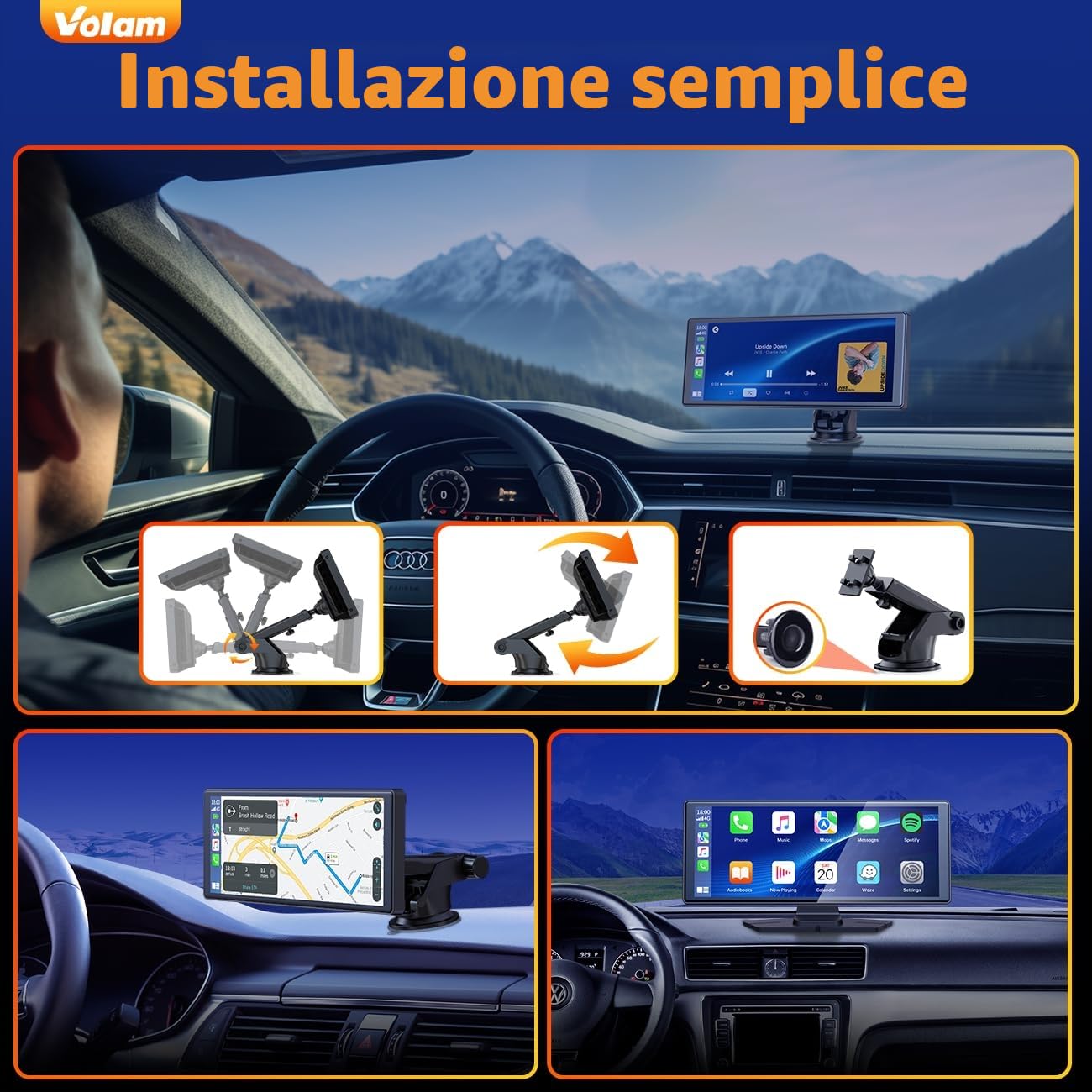 Volam CarPlay Wireless da 9.26" schermo per auto,schermo carplay con lettore stereo per auto A-pple CarPlay&Android Auto,IPS Touch Screen,Autoradio con Voice GPS Navigation/Bluetooth 5.0/MirrorLink