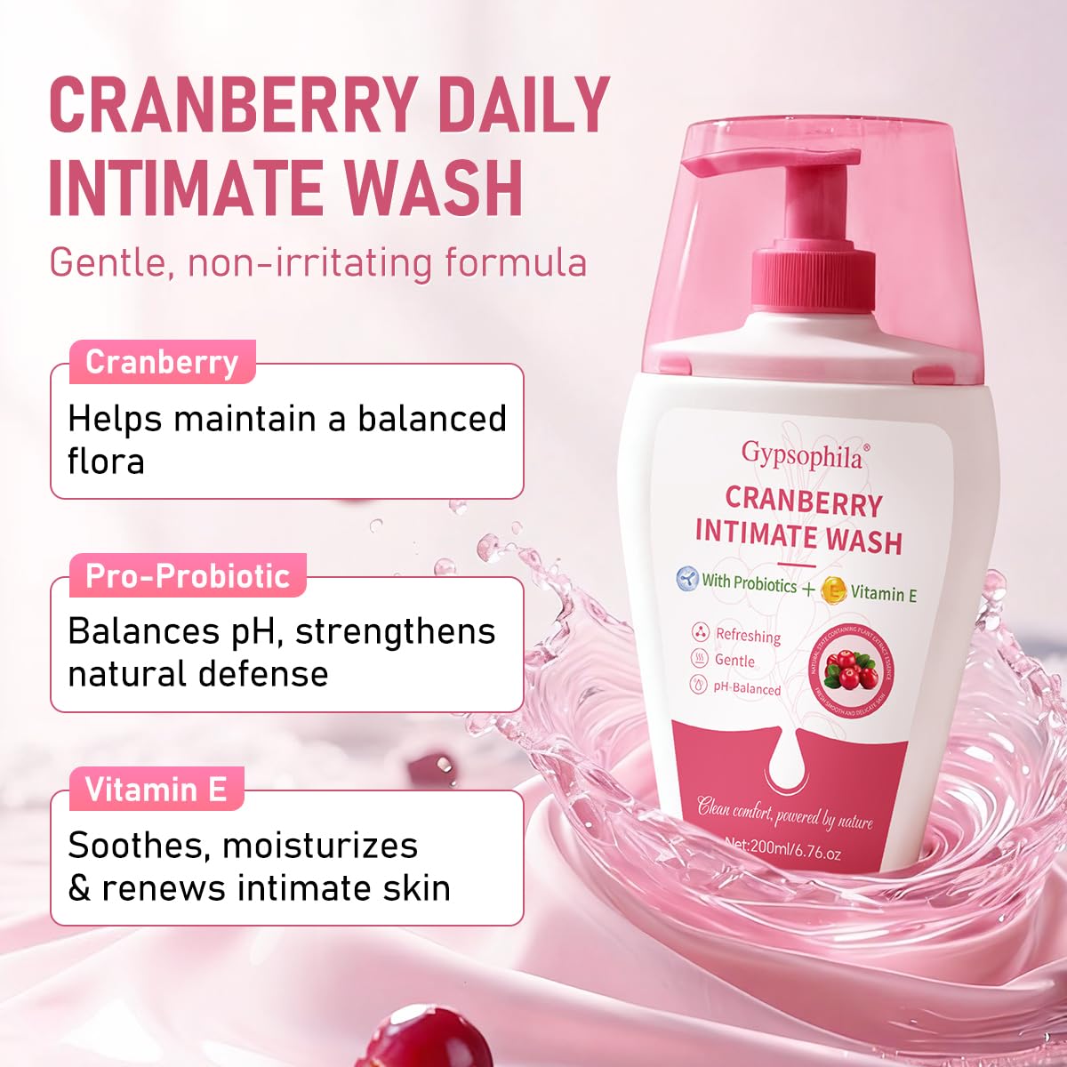 Cranberry Feminine Wash For Intimate Area Hygiene,pH Balance and Vitamin E for Vaginal wash,Non-Irritating,6.76 Fl Oz