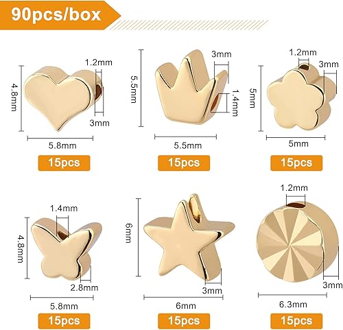 Miniatura 2 de BENECREAT 90 cuentas de latón chapadas en oro de 14 quilates, 6 estilos, cuentas espaciadoras de corazón, cuentas de flores para manualidades,