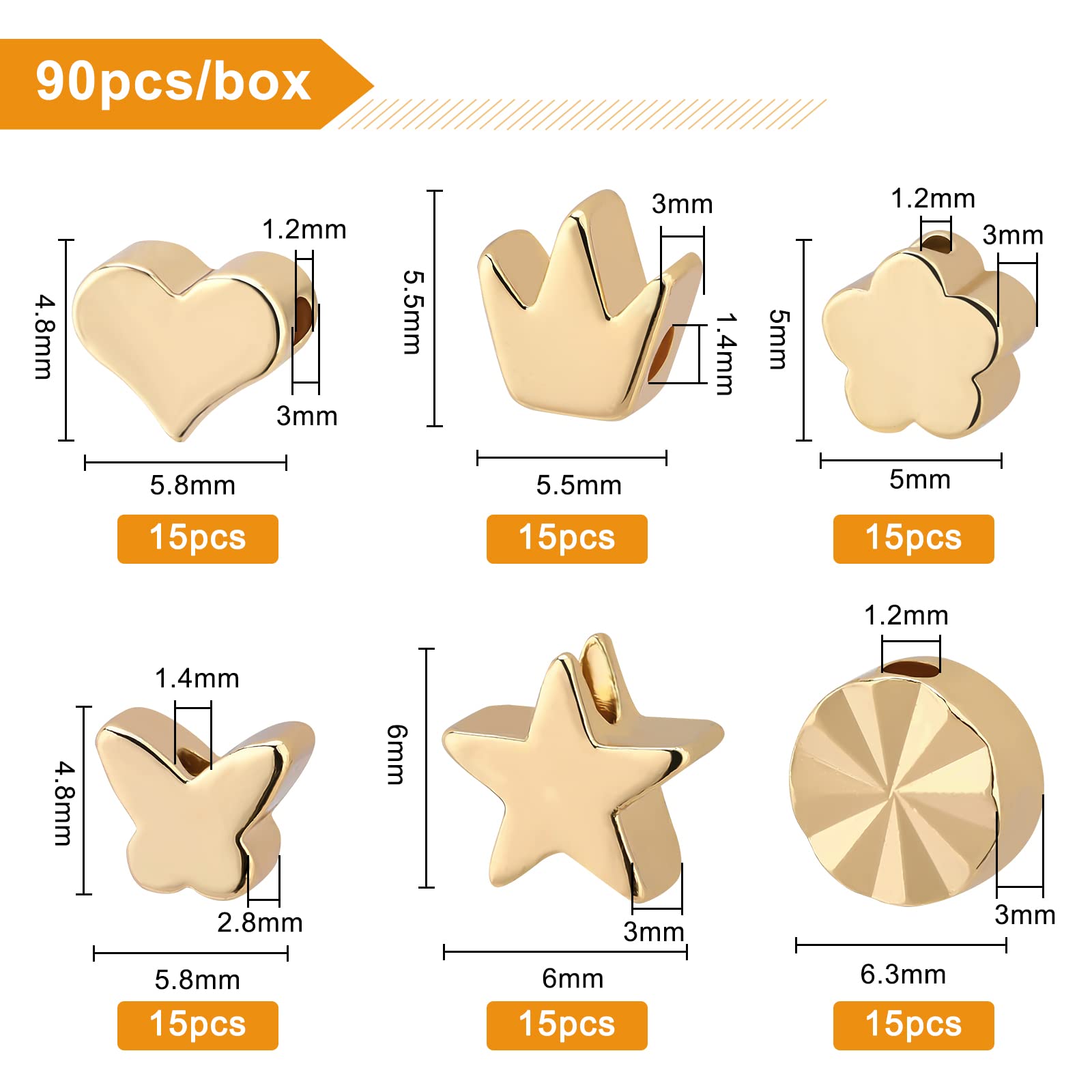 BENECREAT 90Pcs 14K Gold Plated Brass Beads 6 Style Spacer Beads Heart Beads Flower Beads for DIY Bracelet Jewelry Craft Making - Image 2