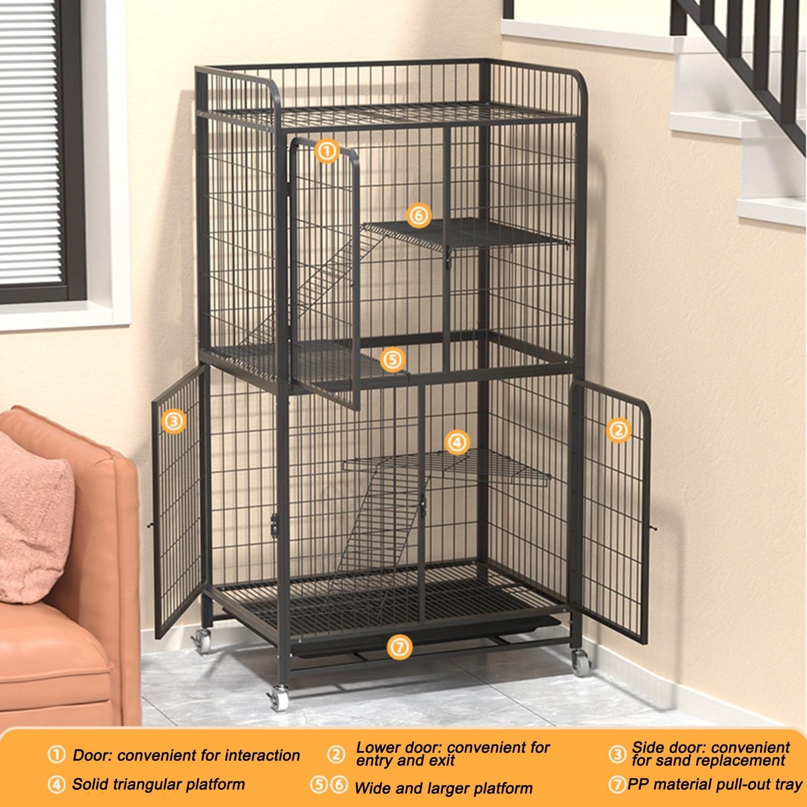 Grande gabbia per gatti, Gabbia per Gatti da Interno Multifunzionale, con 4 Rotelle Orientabili e vassoio estraibile, prodotti per animali domestici, Gabbia per 1-2 Gatti, Chinchilla(86*60*155cm)