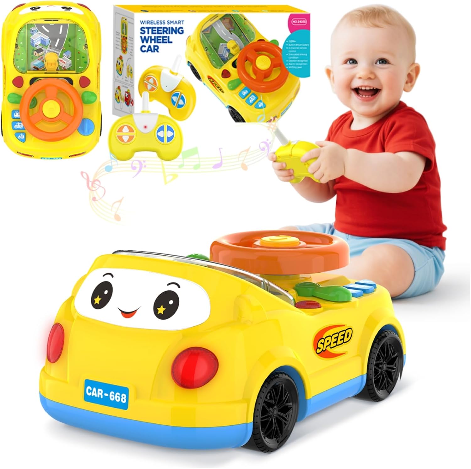 Toys for 1 Year Old Boy Gifts - 2-in-1 Toddler Push Car & Musical Racing Adventure Steering Wheel Driving Game, Interactive Simulated Driving Car for Baby 12-18 Months, Birthday Gift Ages 1-2, Yellow