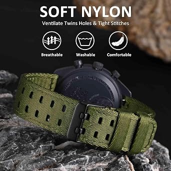 WOCCI Double Holes Nylon Watch Straps, Silky Nylon Band, Quick Release, Compatible Watch Lug Width 18mm 20mm 22mm