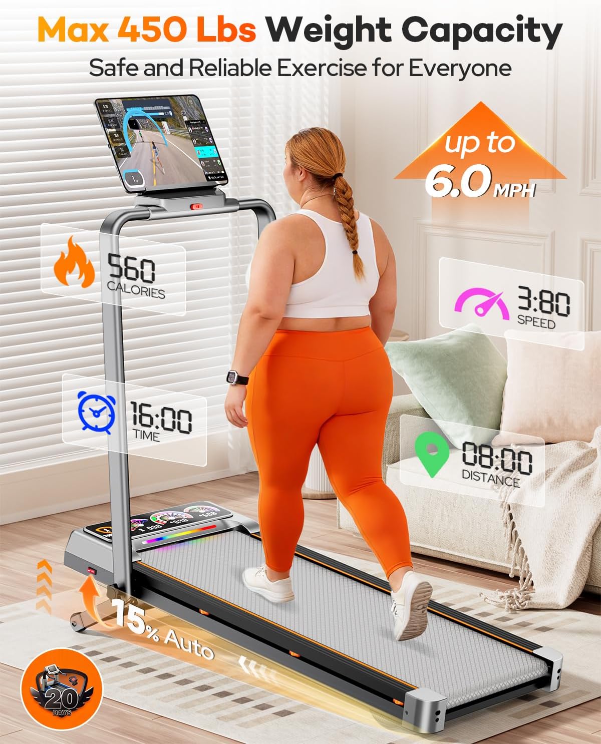 Walking Pad Treadmill with 15% 12-Level Auto Incline, 450 lbs Capacity RGB UI Screen, 3 in 1 Under Desk Treadmill, Bluetooth Speaker, 3.5HP Quiet Portable Treadmills for Home Hiking, APP & Remote