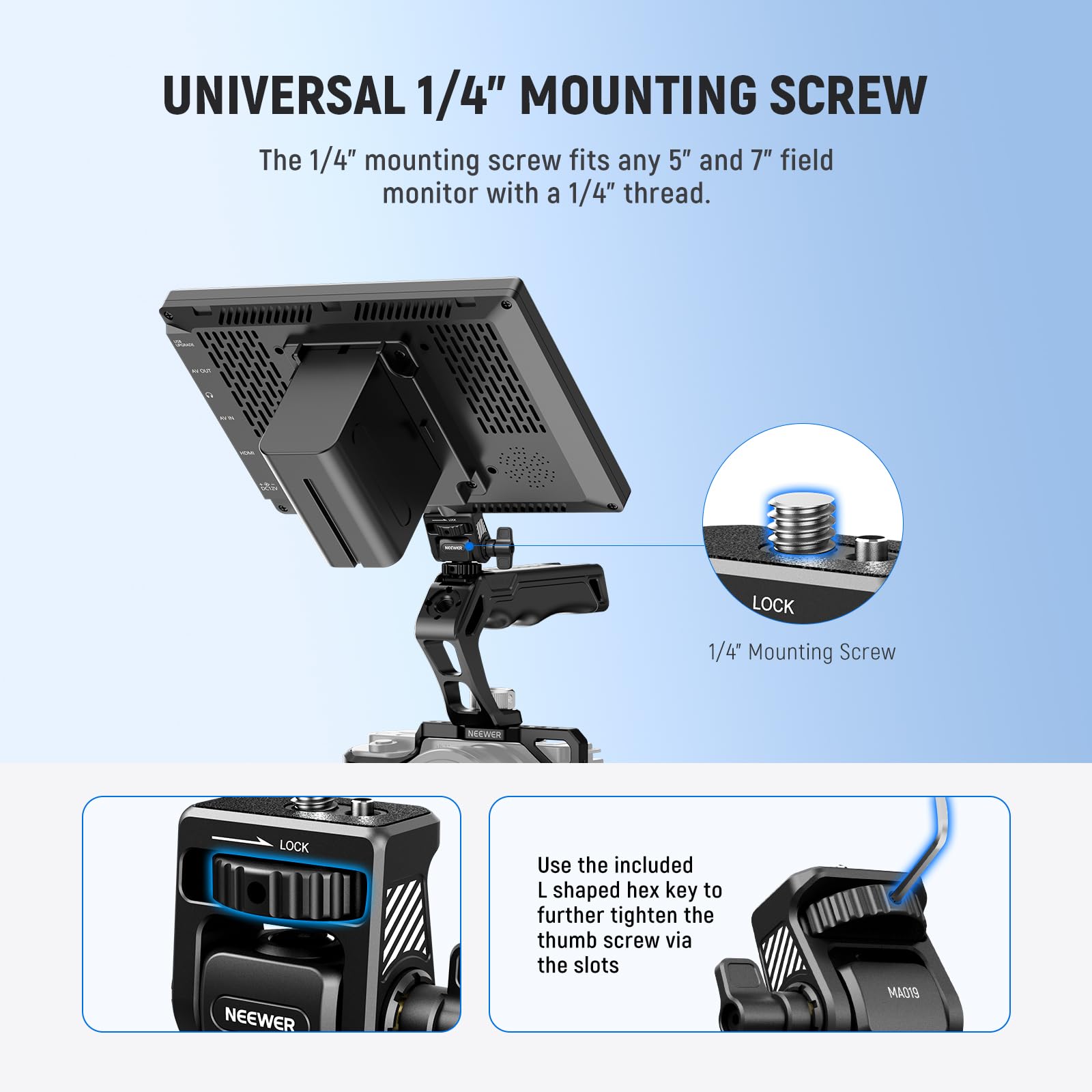 NEEWER Uchwyt na monitor terenowy z zimną stopką obracany o 360° nachylenie 180° śruba zapobiegająca skręcaniu kompatybilny z monitorem aparatu Atomos Ninja 12.7 cm i 17.8 cm, kompatybilny z klatką na