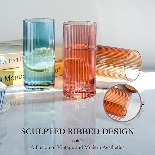 Miniatura 4 de Physkoa Juego de 6 vasos acanalados de 16 onzas, cristalería colorida inspirada en la vendimia, pesados, duraderos, perfectos para agua, cócteles,