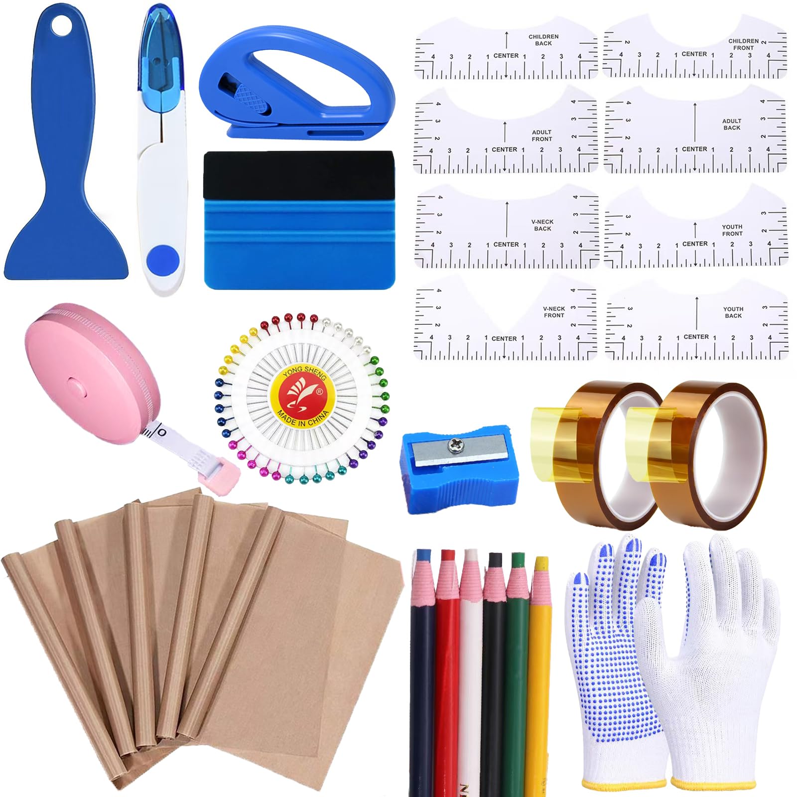 Kit de herramientas para sublimación de camisetas (30 piezas) con 5 láminas de teflón para prensa de calor, 8 reglas para camisetas, guía para centrar vinilo, 2 rollos de cinta resistente al calor, accesorios y suministros para prensas de calor.
