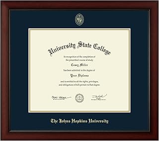 Framerly - Johns Hopkins University 17" w x 14" h Diploma Frame - Fits a bachelor's, master's and phd - Gold Embossed Diploma Frame - Cherry Moulding with Navy and Gold Matting - Officially Licensed