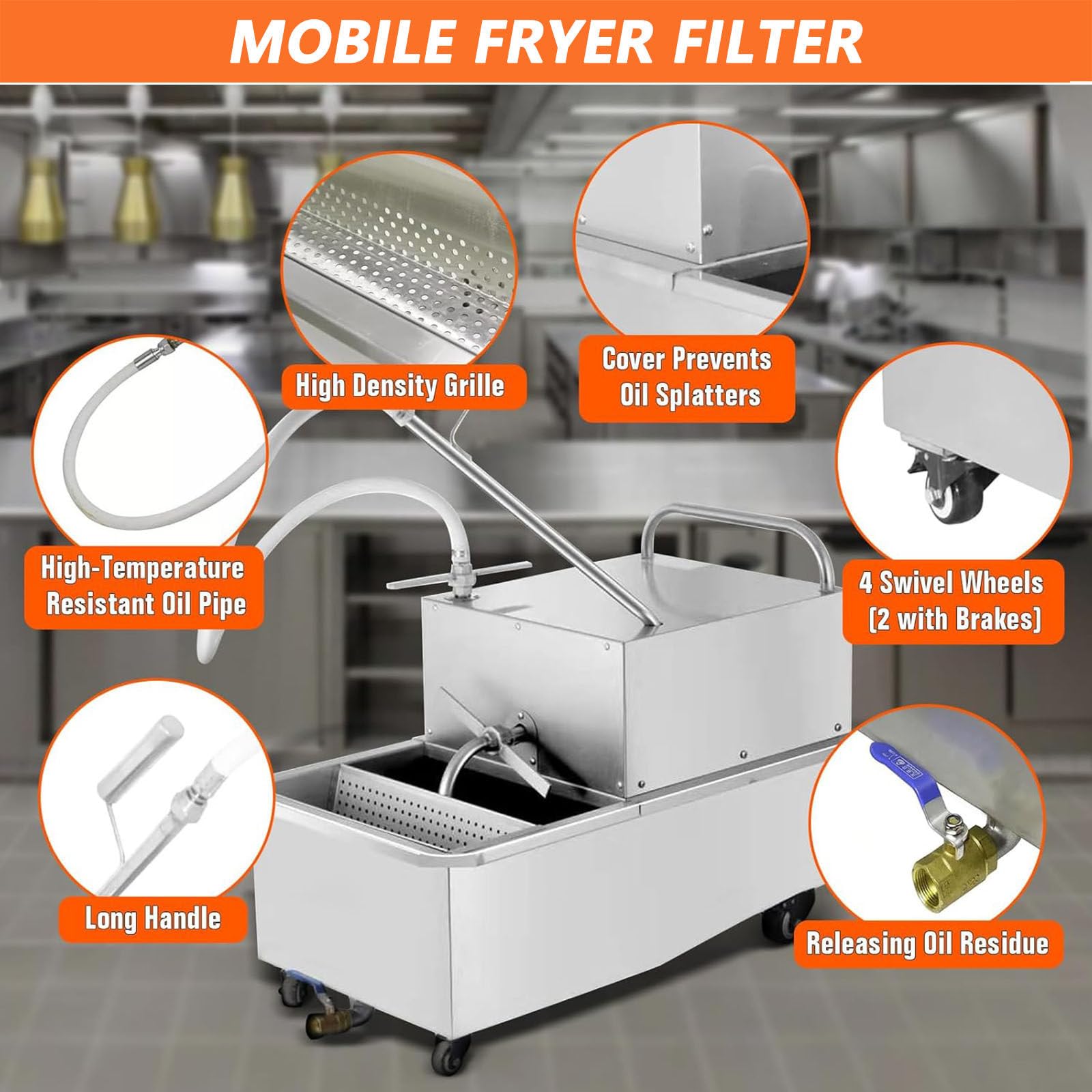 Filtro de freidora móvil, camión de filtro de aceite comercial de 48 L, máquina de filtro de aceite de cocina de acero inoxidable de 550 W, para restaurante y cocina