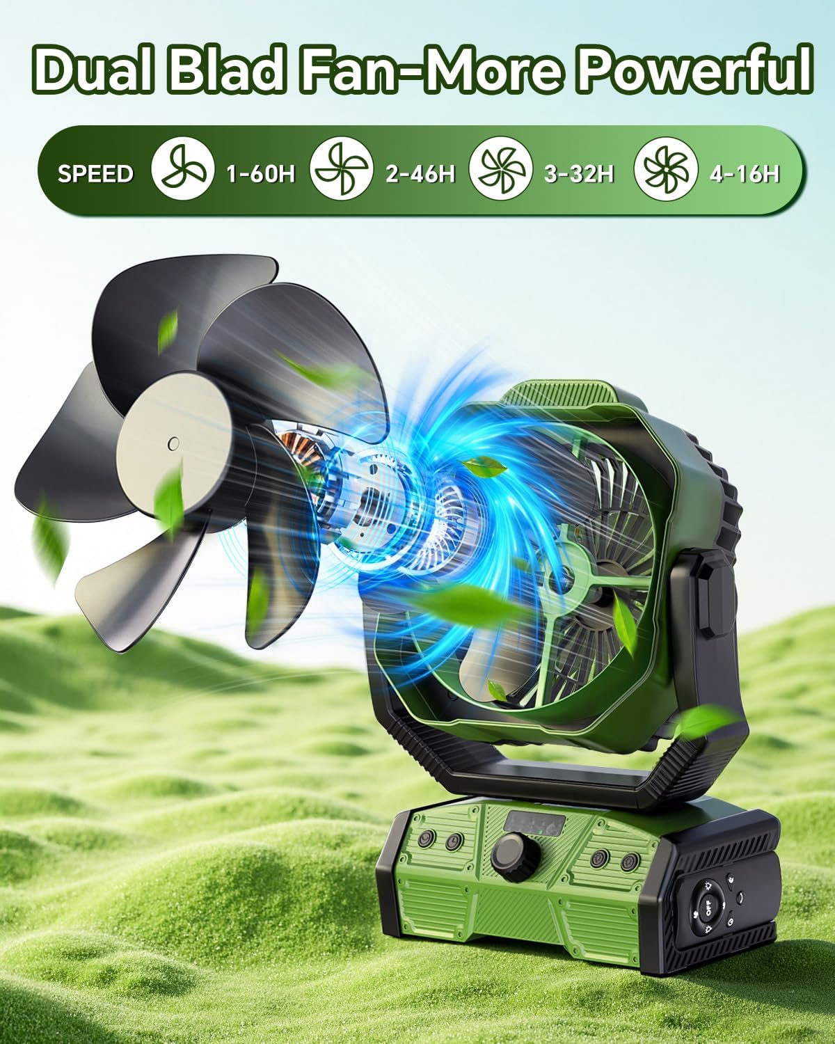 Camping Fan with Remote, 30000mAh Rechargeable Battery Operated Tent Fans with LED Light & Hook, Quiet USB-C Fan for Outdoor Camping, Power Outage, Car, Travel(Green)