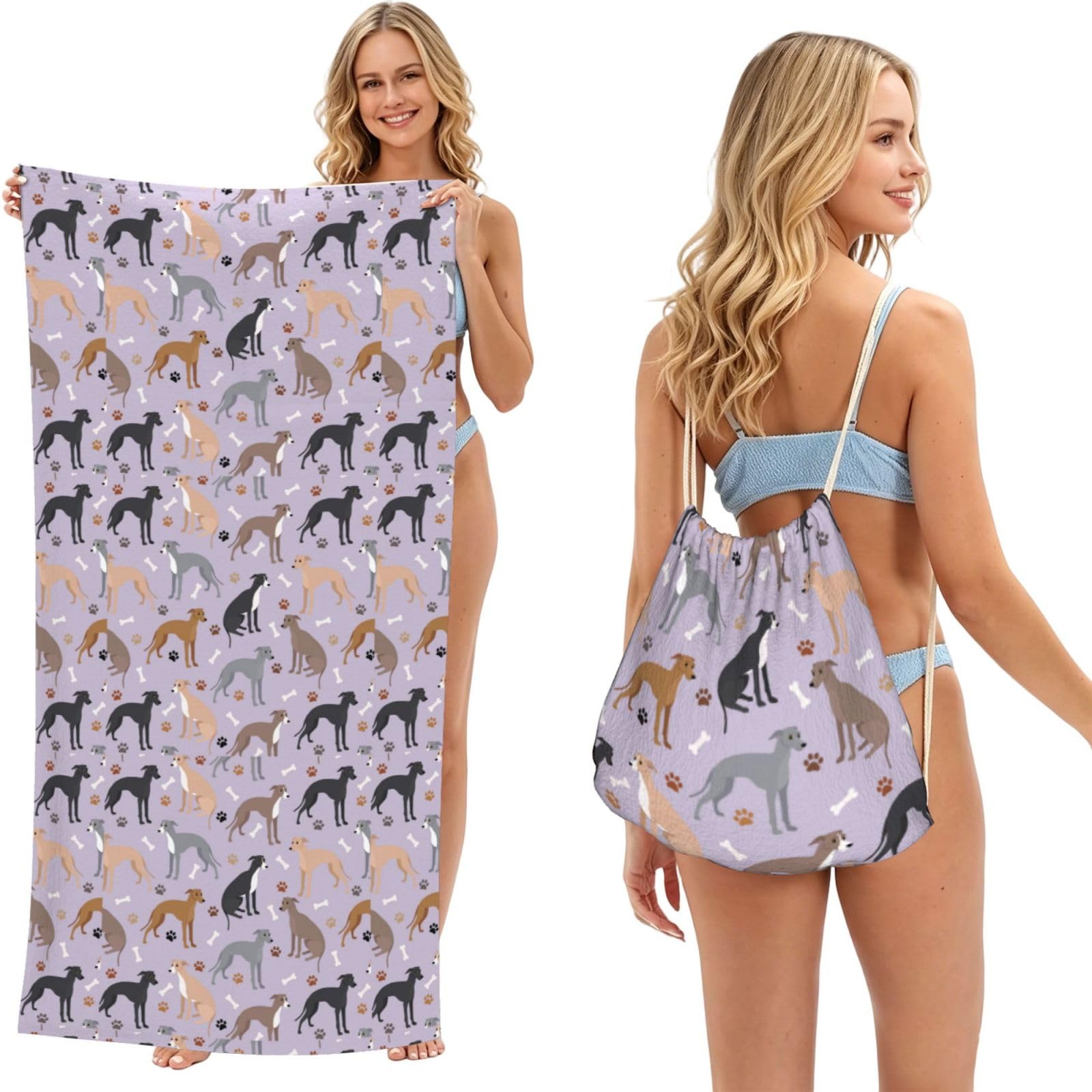 Poadnly As Picture Italian Greyhound Dog Bones And Paws, 2 In 1 Packable Towel Bag, Beach Towels With Drawstring Backpack For Travel Holiday Camping