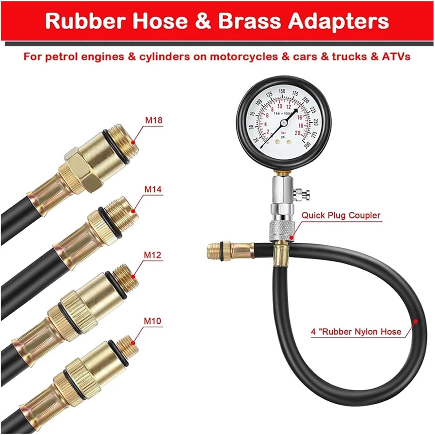Automotive Engine Compression Tester Tools Kit Compatible with Motorcycle Car Truck Engine Cylinder Gauge Fuel Pressure Tester Kit 0-300 PSI(No Case)