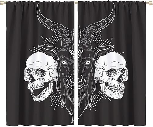 Vista 259 de Cortinas de cabeza de cabra, misteriosa cabeza de cabra malvada, calavera negra, bolsillo para barra, cortinas opacas para ventana, juego de 2