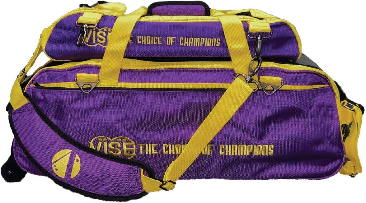 Vise Three Ball Tote Roller Bowling Bag with Shoe Pouch Purple Yellow