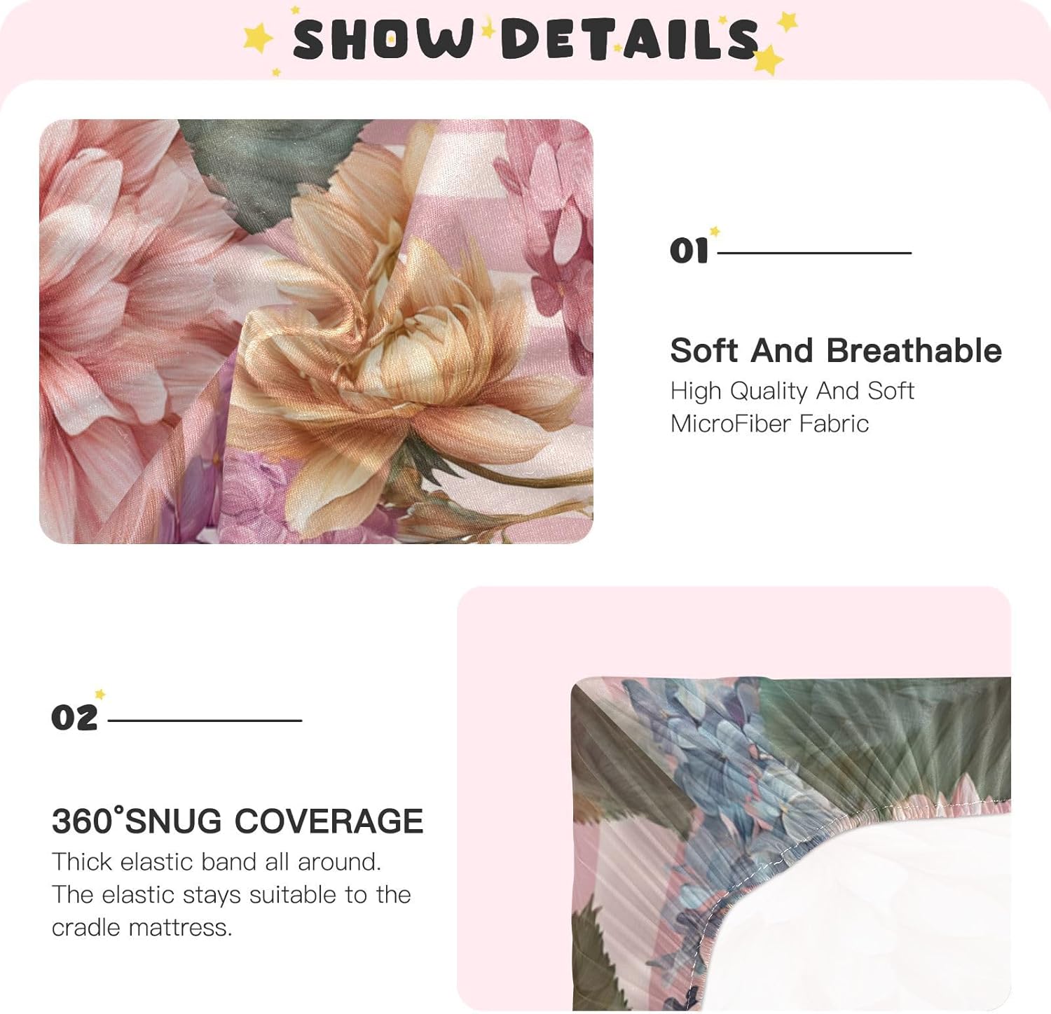 Crib Sheets Baby for Boys Girls Breathable Neutral Toddler Bed Sheets for Standard Size Toddler Mattress 39x27 Inch Pink Stripes Hydrangeas Dahlias Blooms