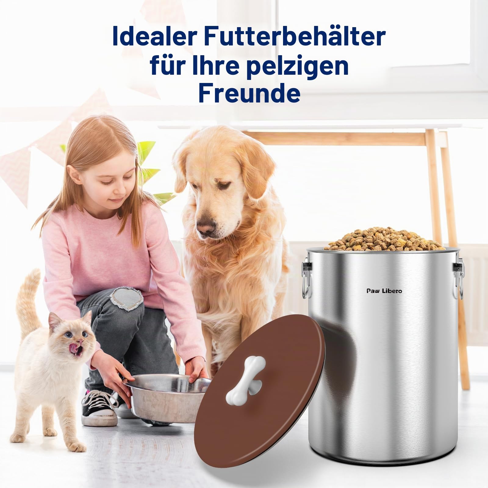 Paw Libero 25 lbs Edelstahl-Hundefutterbehälter mit luftdichtem Deckel und Keramikgriff in Knochenform, großer Metallbehälter für Hunde- und Katzenfutter, hält frisch, leicht zu reinigen
