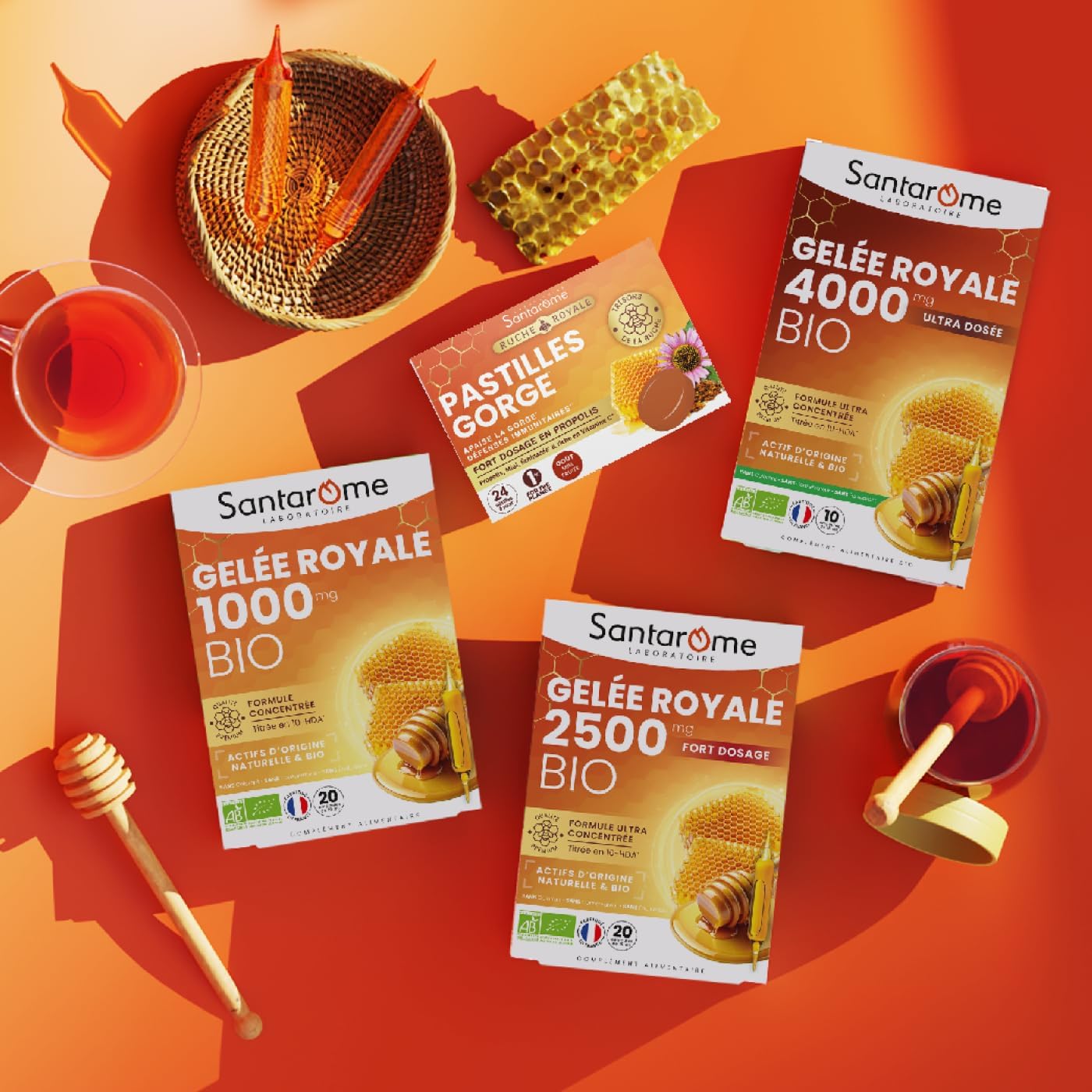 Santarome Ruche Royale Gelée Royale 1000mg Bio Complément alimentaire immunité 10-HDA Lot de 3 x 20 ampoules