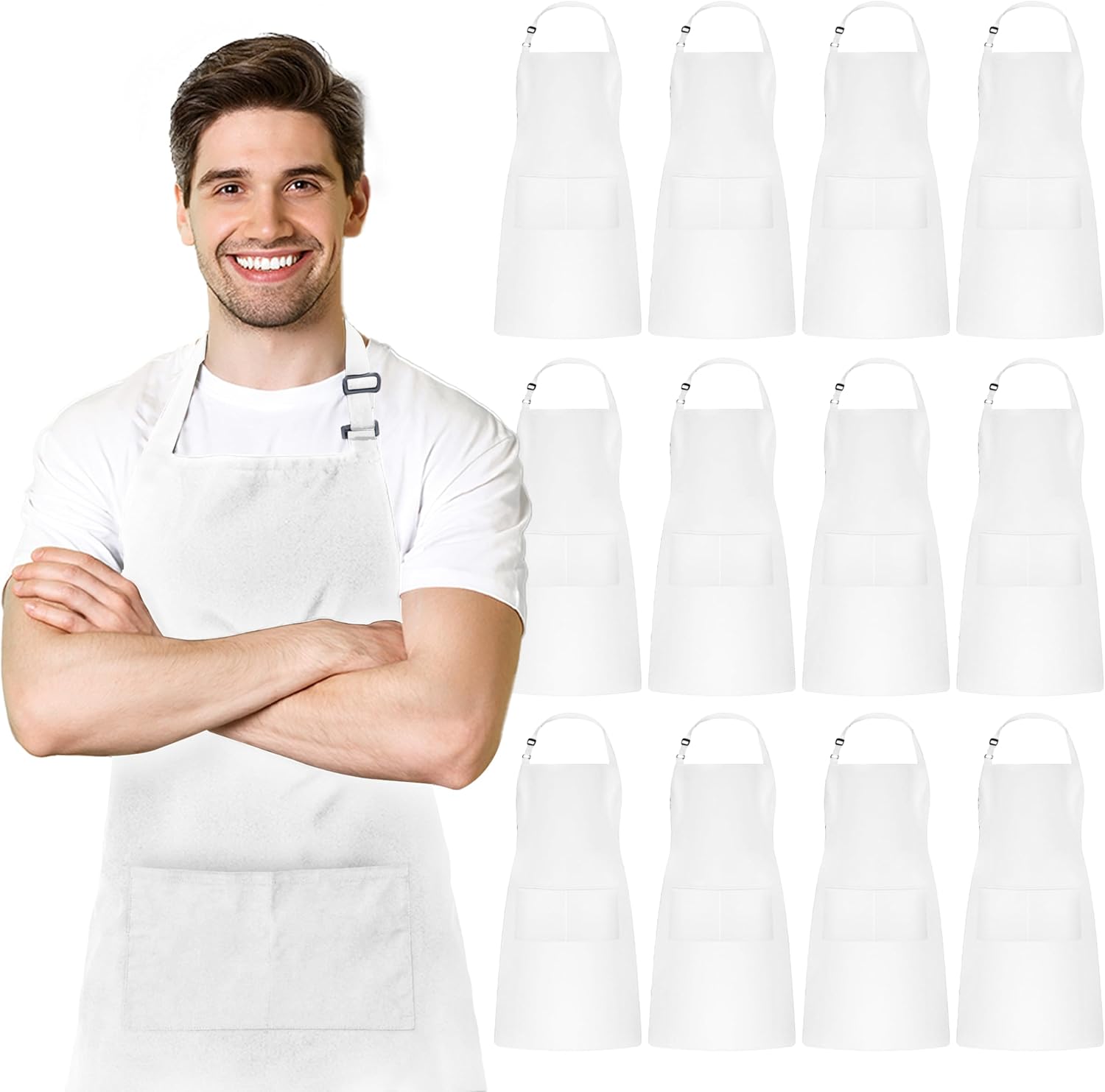 Adjustable Bib Apron 100% Polyester Kitchen Aprons Waterdrop Resistant Aprons with Adjustable Strap, Pockets & Long Ties