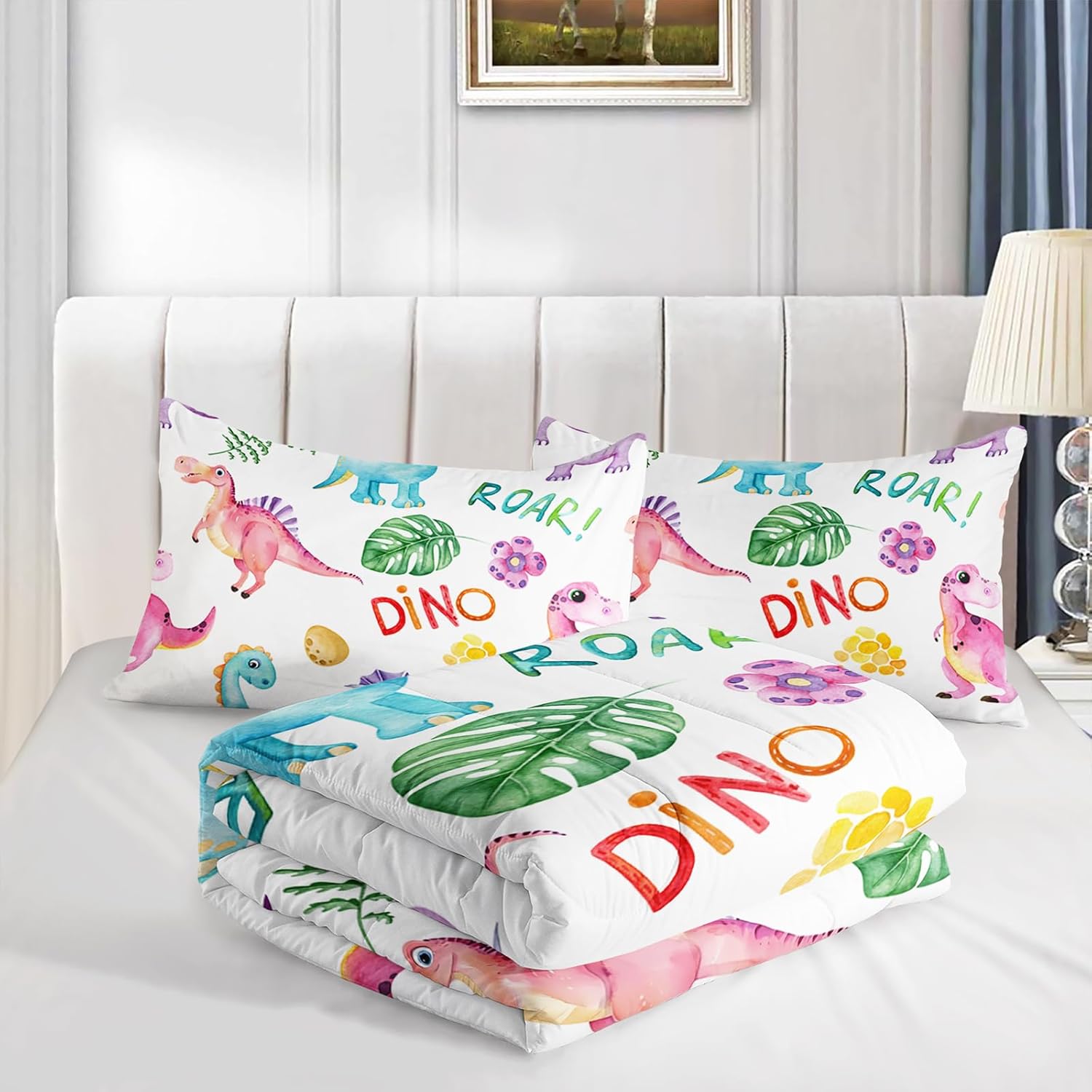 Cartoon Dinosaur Comforter Set Twin 3Pc Kawaii Dinosaur Bedding Set All Season with Tree, Leaf Decoration Includes 1 Comforter, 2 Pillowcases for Kids Girls Teens