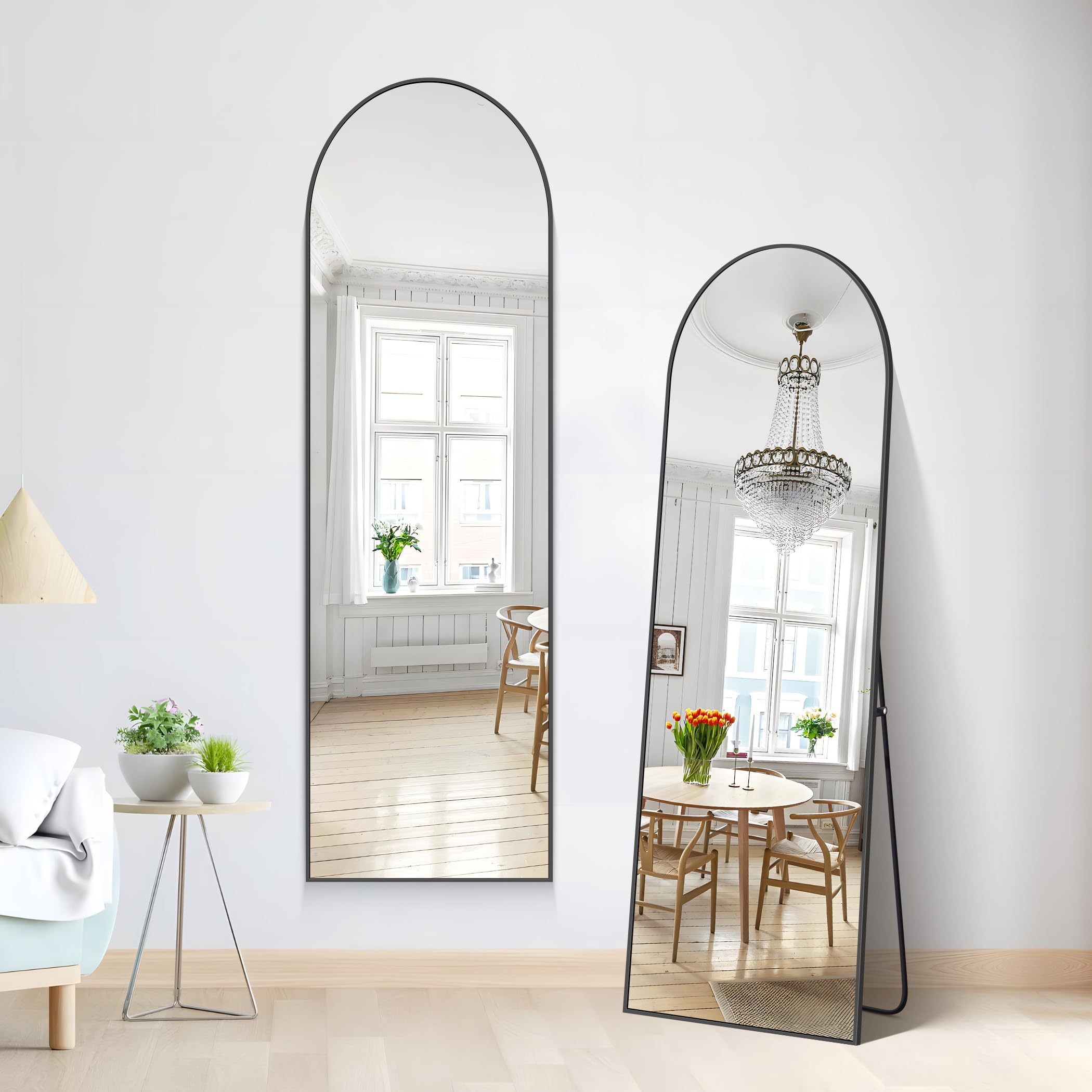 NIMURY Espejo de Pie 150 x 40 cm, Gran Espejo Arqueado de Pared con Marco de Aluminio Negro, Espejo de Cuerpo Entero para Baño, Dormitorio, Entrada y Pasillo