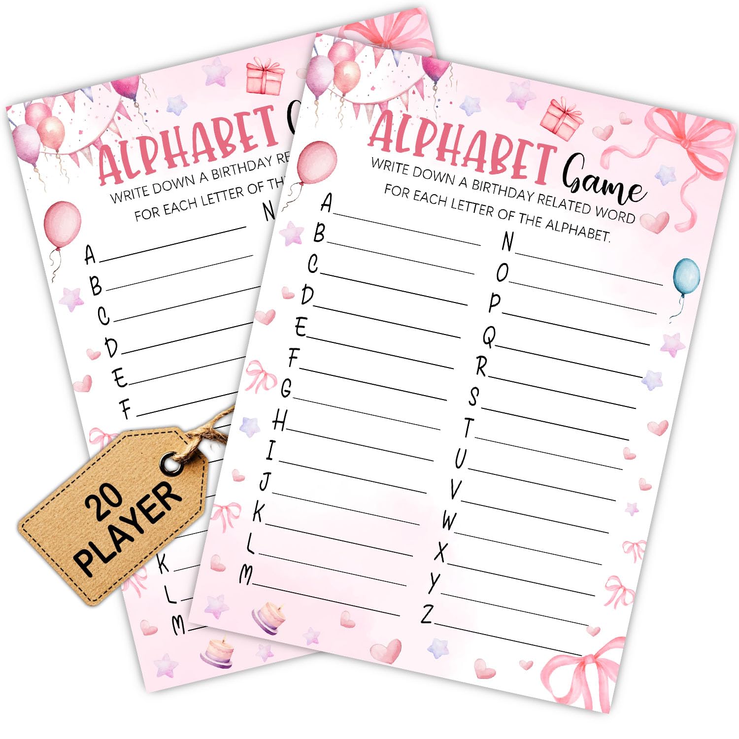 Pink Slumber Party Games Card - Coquette Pink Bow Themed Sleepover Slumber Party Supplies- Sleepover Stuff- Birthday Night Games Creative Idea -Alphabet Game- 20 Game Cards