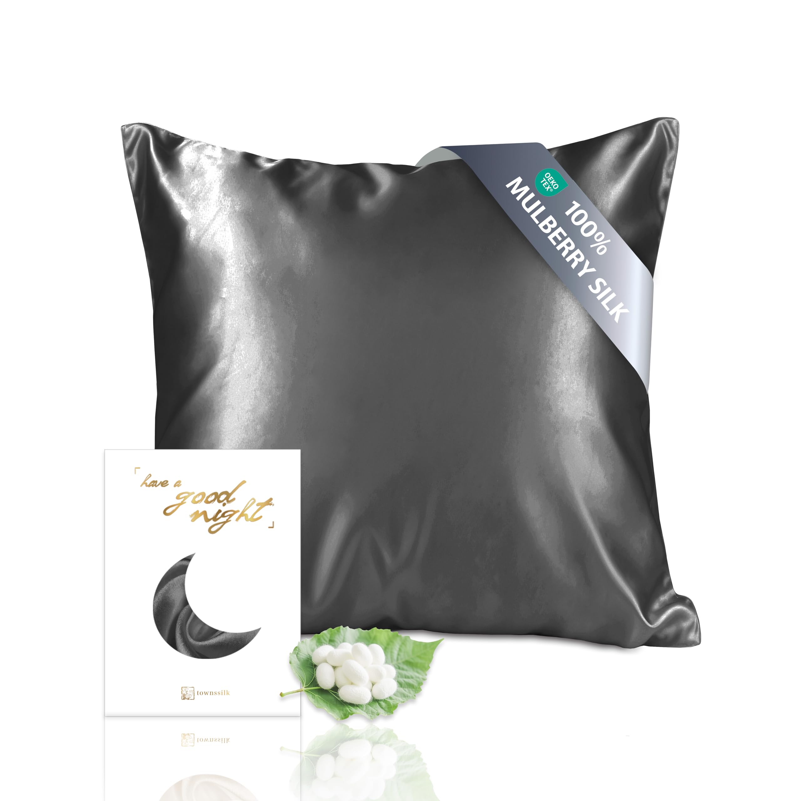 townssilk Federa seta cuscino,100% naturale seta di gelso 19momme,doppia faccia,benefica per capelli e pelle,ipoallergenica,cerniera nascosta,1 pz,40x40cm,Darkgrey