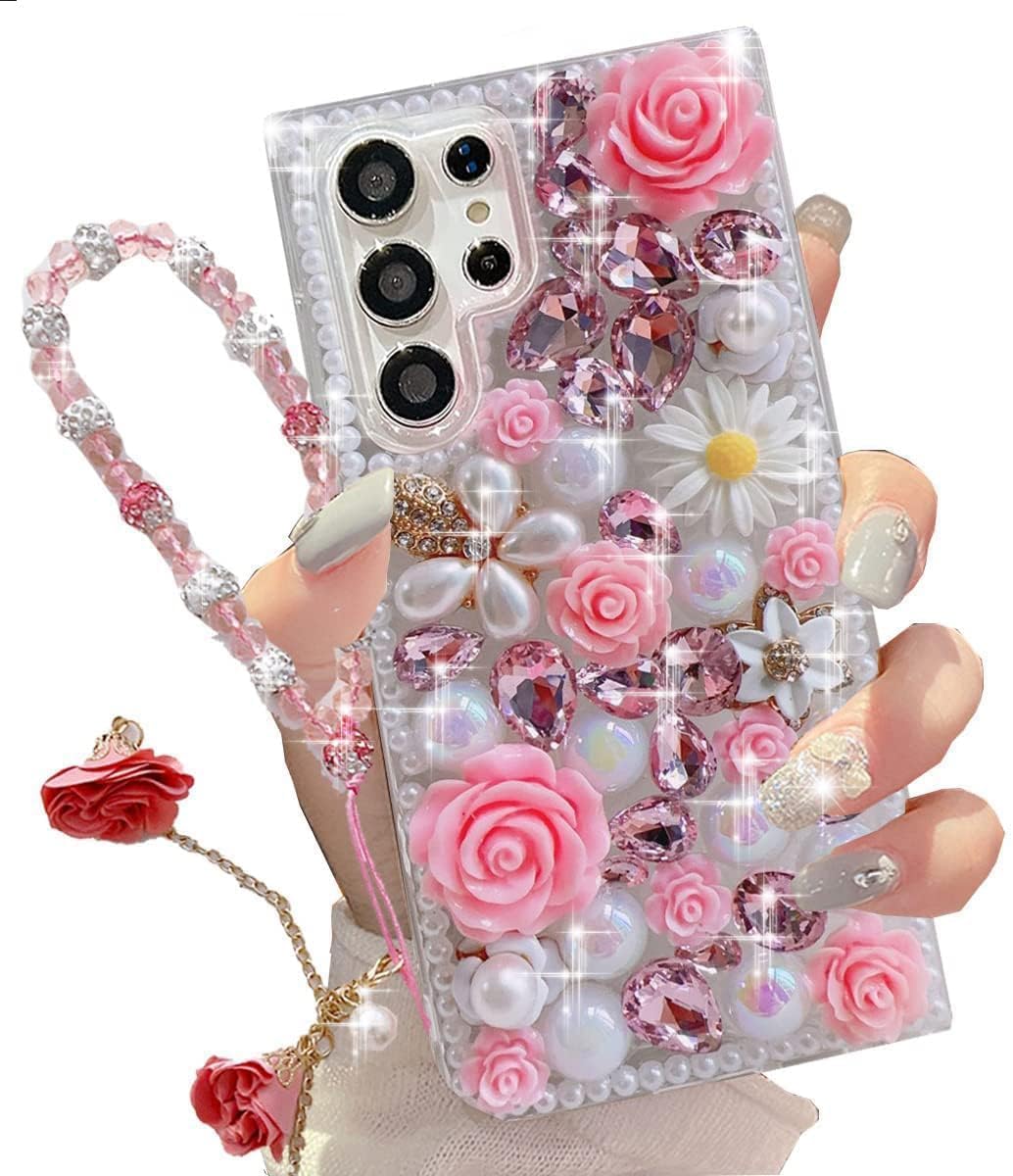 Changjia for Samsung Galaxy S25 Ultra Glitter Bling Case,Cute Luxury 3D Sparkle Crystal Rhinestones Flowers Diamond Pearl with Lanyard Wrist Strap Women Girls Case for Galaxy S25 Ultra 6.9 Inch (Pink) - Image 5
